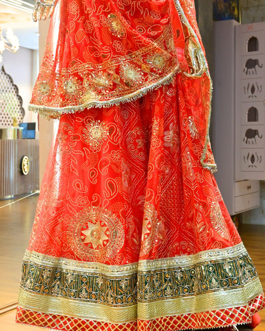 Red Bridal Bandhej Lehenga with Golden Zari & Gota Patti Work