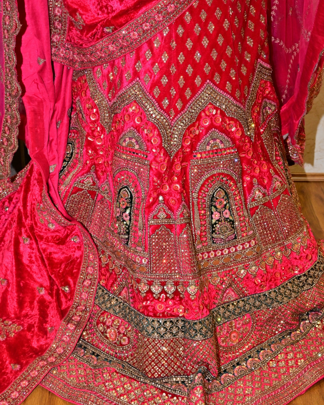 Luxury Bridal Red Velvet Lehenga with Heavy Hand Embroidery & Zari Work