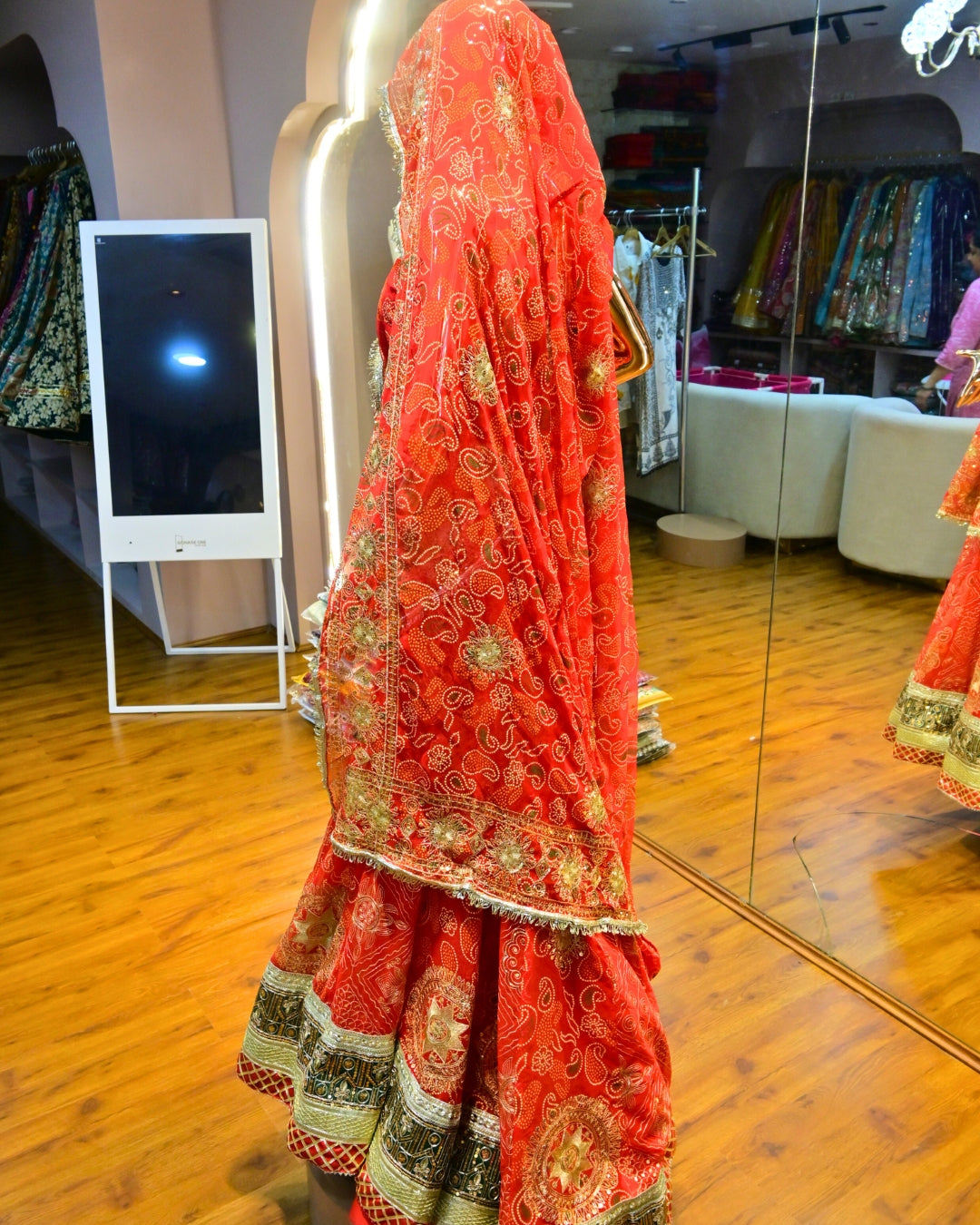 Red Bridal Bandhej Lehenga with Golden Zari & Gota Patti Work
