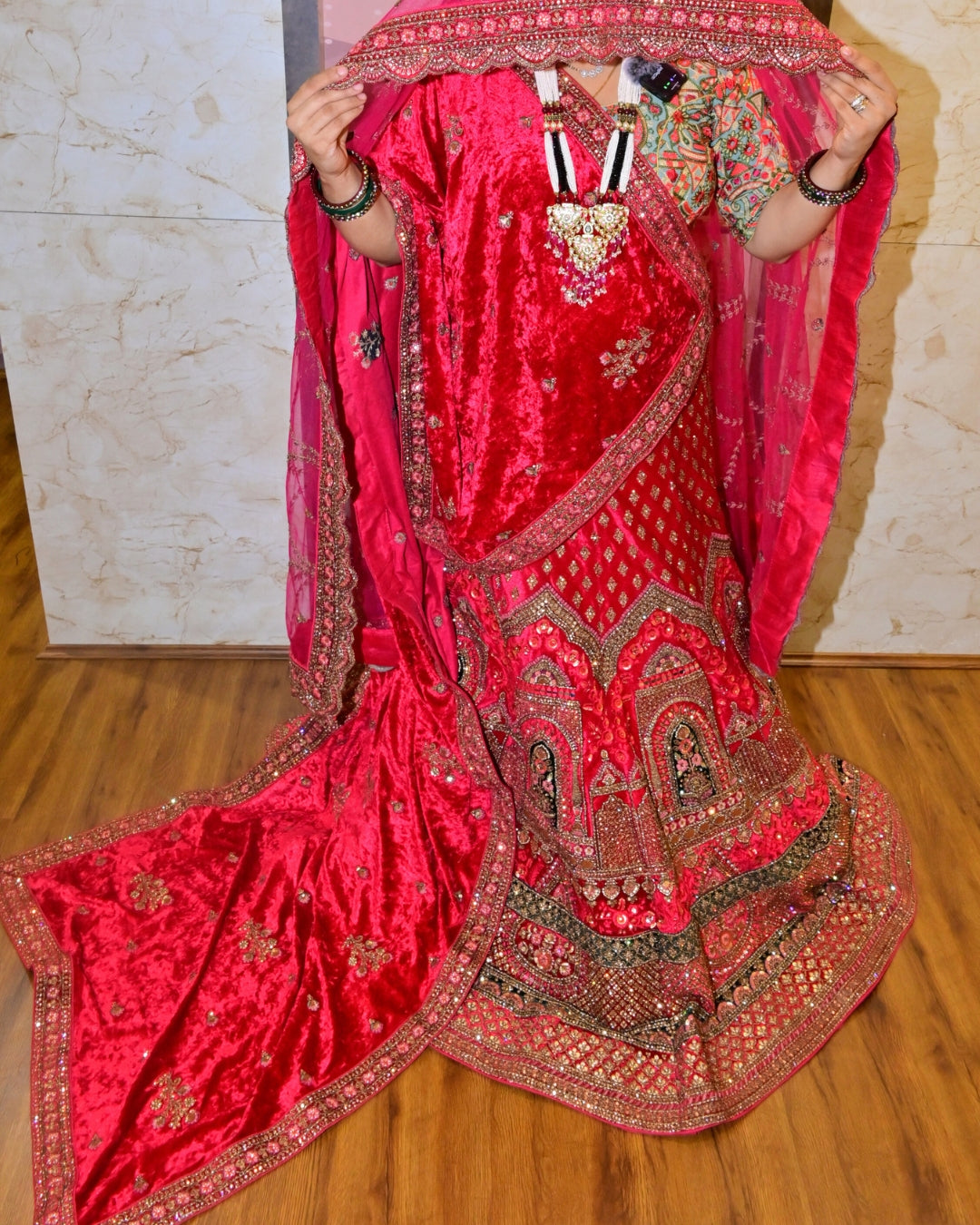 Luxury Bridal Red Velvet Lehenga with Heavy Hand Embroidery & Zari Work