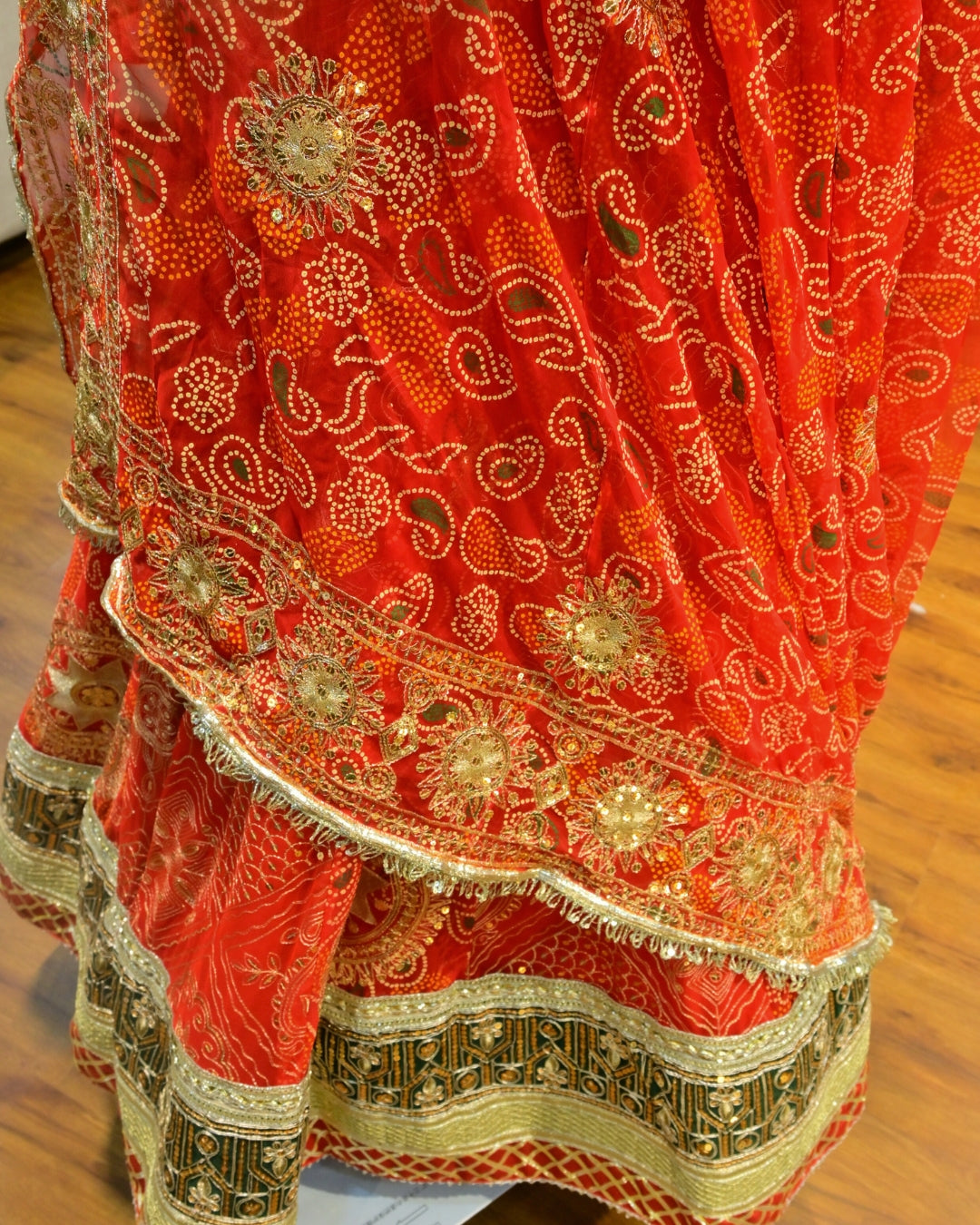 Red Bridal Bandhej Lehenga with Golden Zari & Gota Patti Work