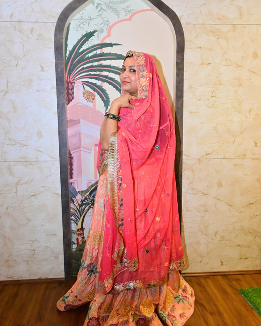 Pink-Orange Embroidered Lehenga Choli with Zari Lace Dupatta