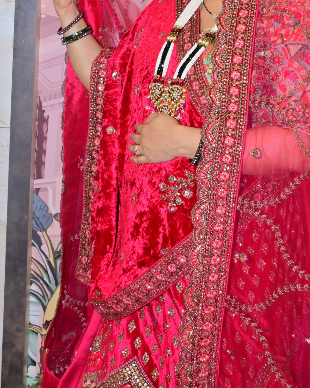 Luxury Bridal Red Velvet Lehenga with Heavy Hand Embroidery & Zari Work