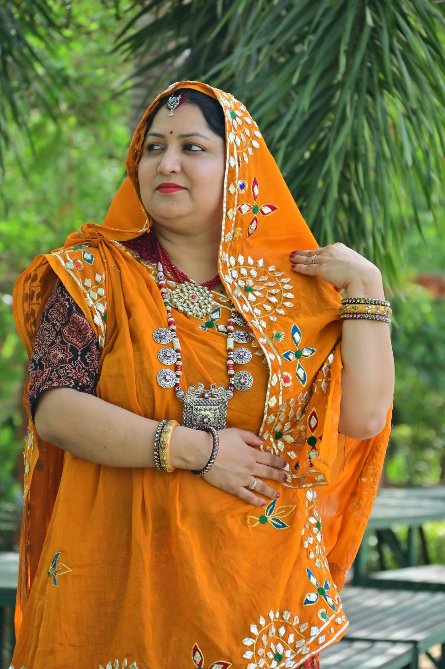 Orange Gota Patti Dupatta with Red Floral Lehenga