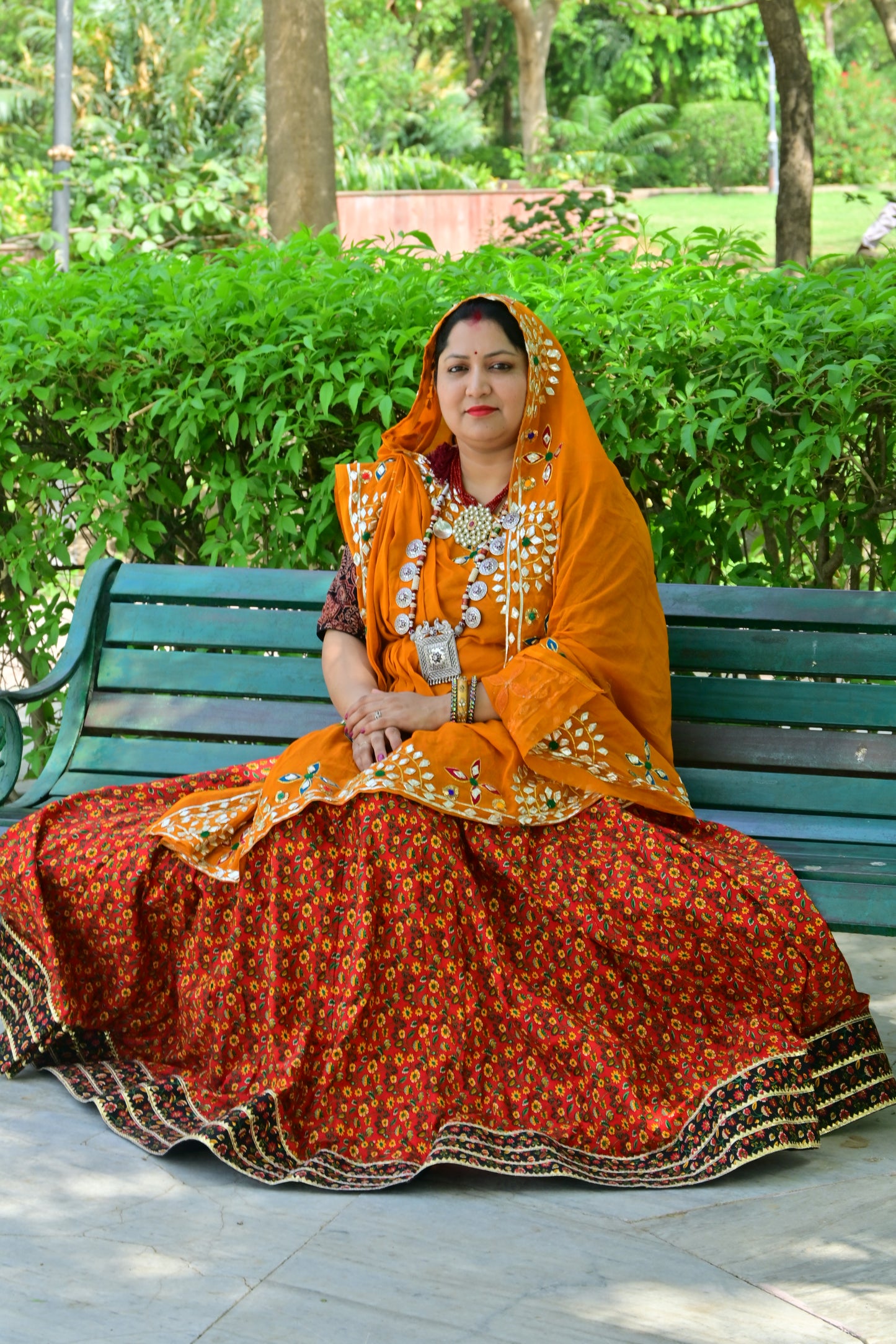 Orange Gota Patti Dupatta with Red Floral Lehenga