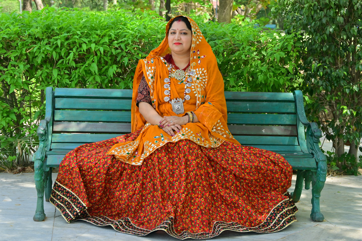 Orange Gota Patti Dupatta with Red Floral Lehenga