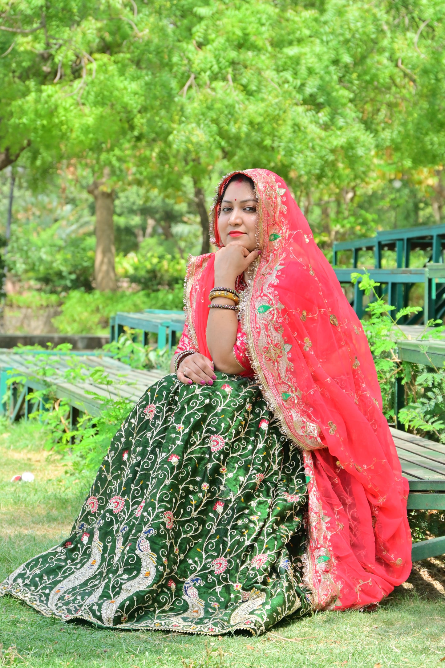 Green Velvet Peacock Lehenga with Pink Bridal odni