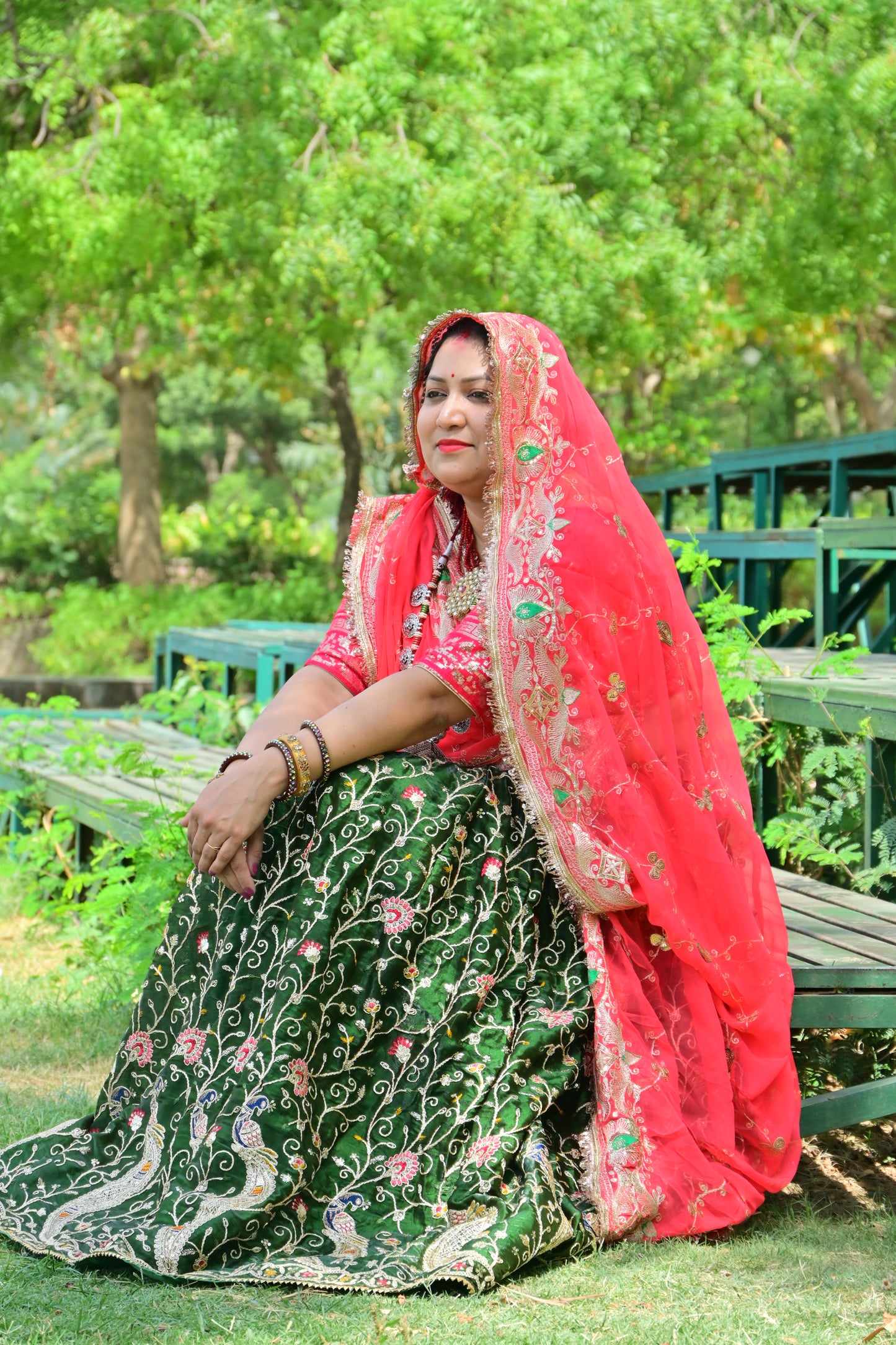 Green Velvet Peacock Lehenga with Pink Bridal odni