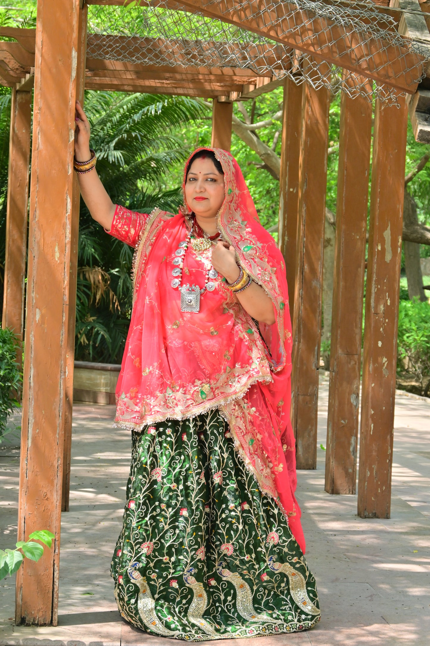 Green Velvet Peacock Lehenga with Pink Bridal odni
