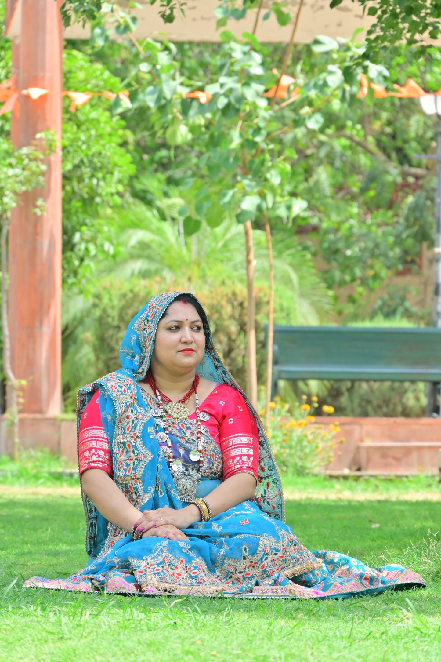 Teal Blue Rajasthani Lehenga with Red Choli & Odhani