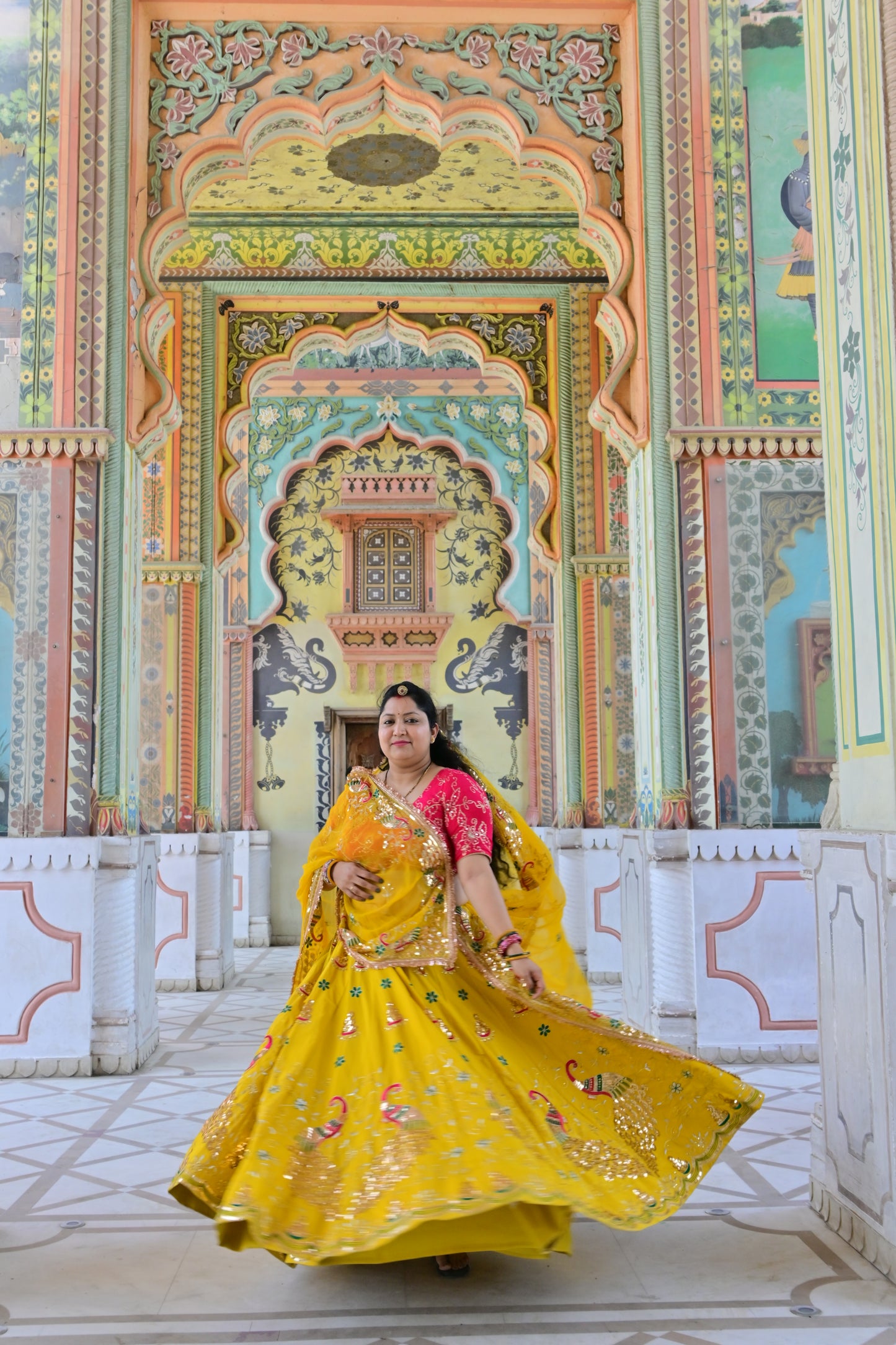 Yellow Mirror Work Lehenga with Pink Blouse & Odni