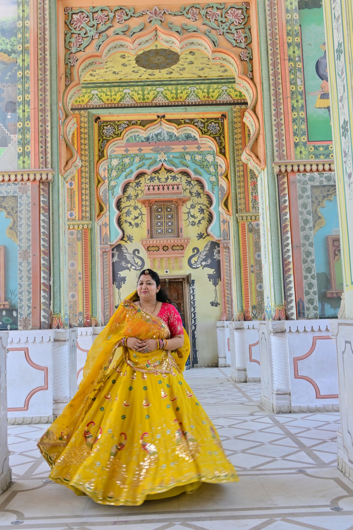 Yellow Mirror Work Lehenga with Pink Blouse & Odni