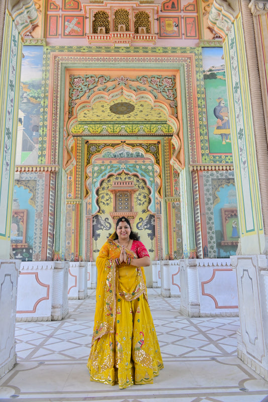 Yellow Mirror Work Rajasthani Lehenga Choli with Pink Blouse & Odhani
