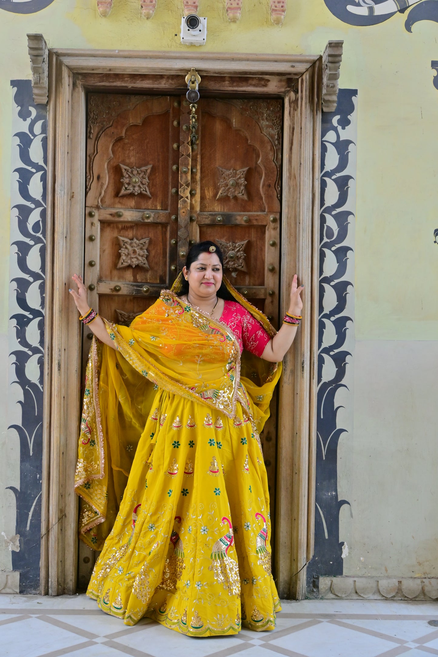 Yellow Mirror Work Lehenga with Pink Blouse & Odni