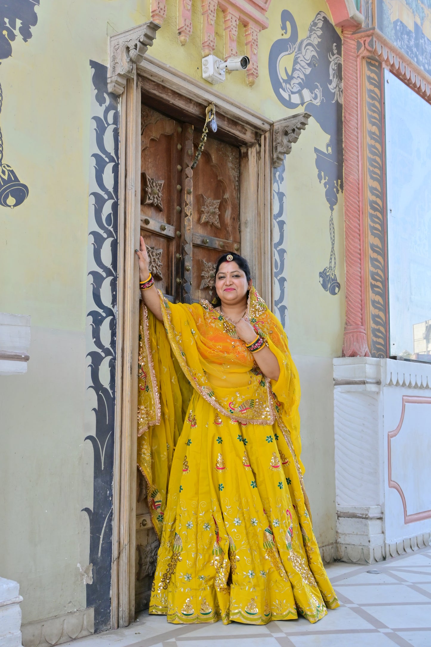 Yellow Mirror Work Lehenga with Pink Blouse & Odni