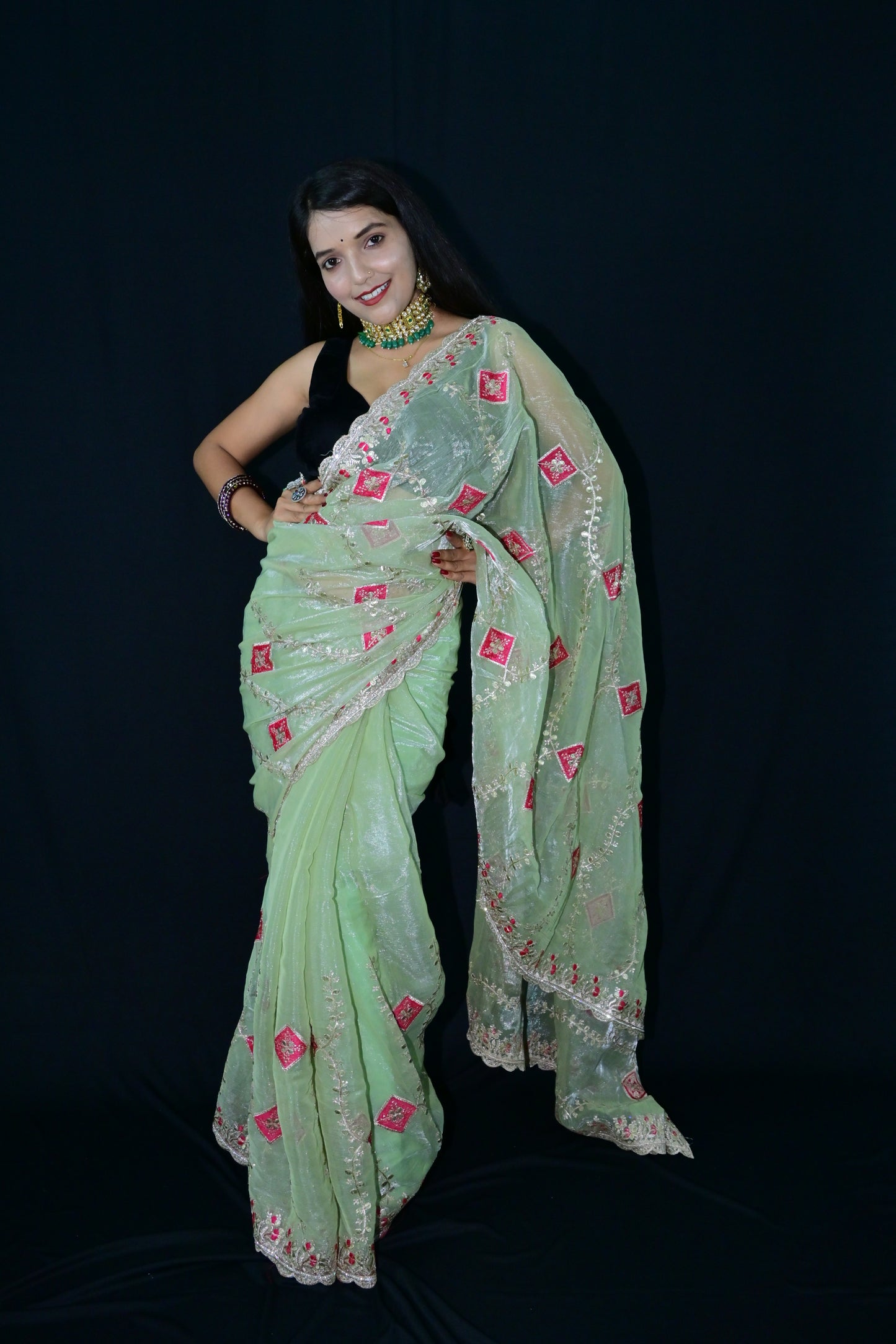 Light Green Rajasthani Embroidered Party Saree