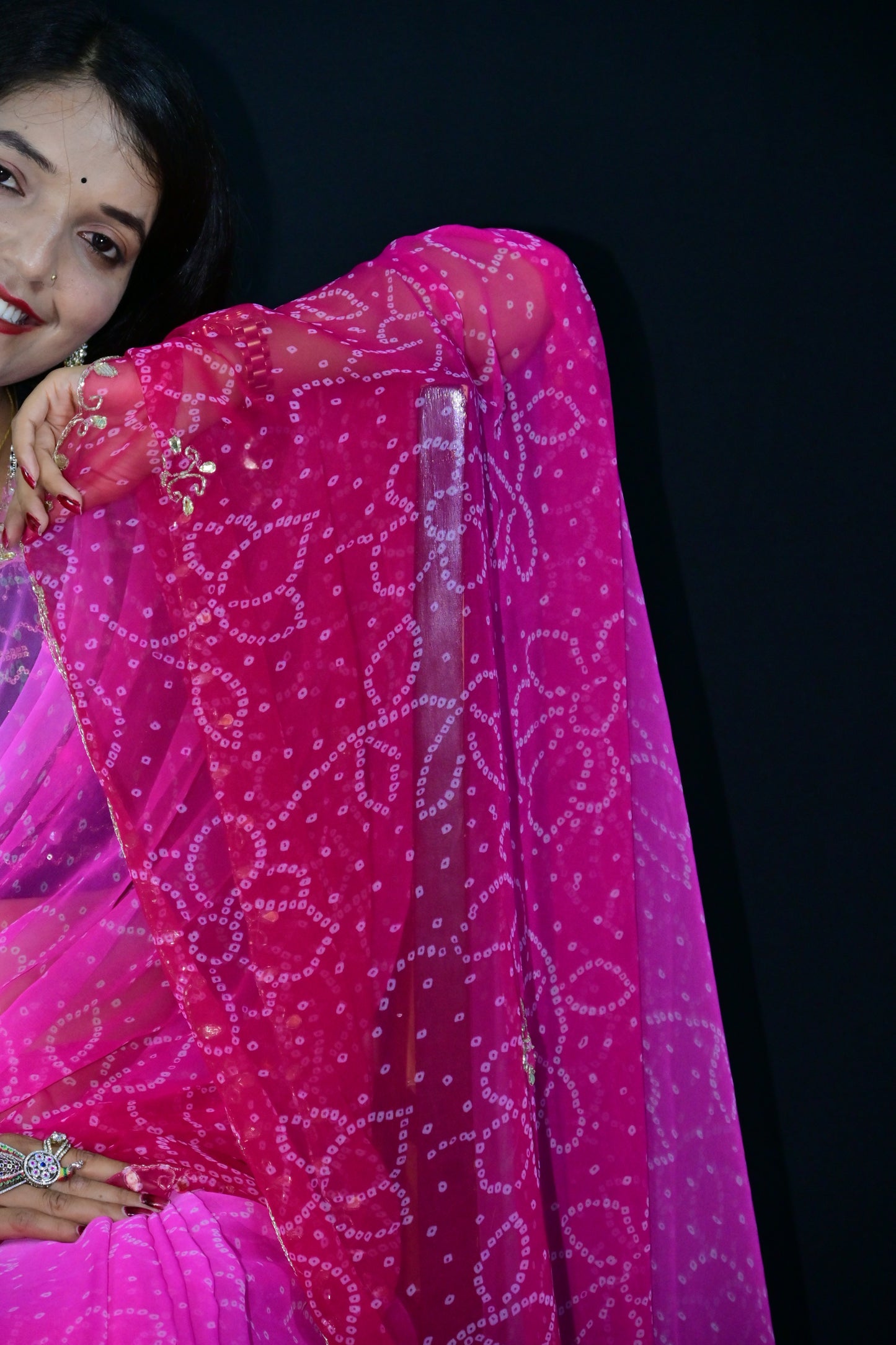 Pink Rajasthani Bandhani Saree with Gota Patti Border