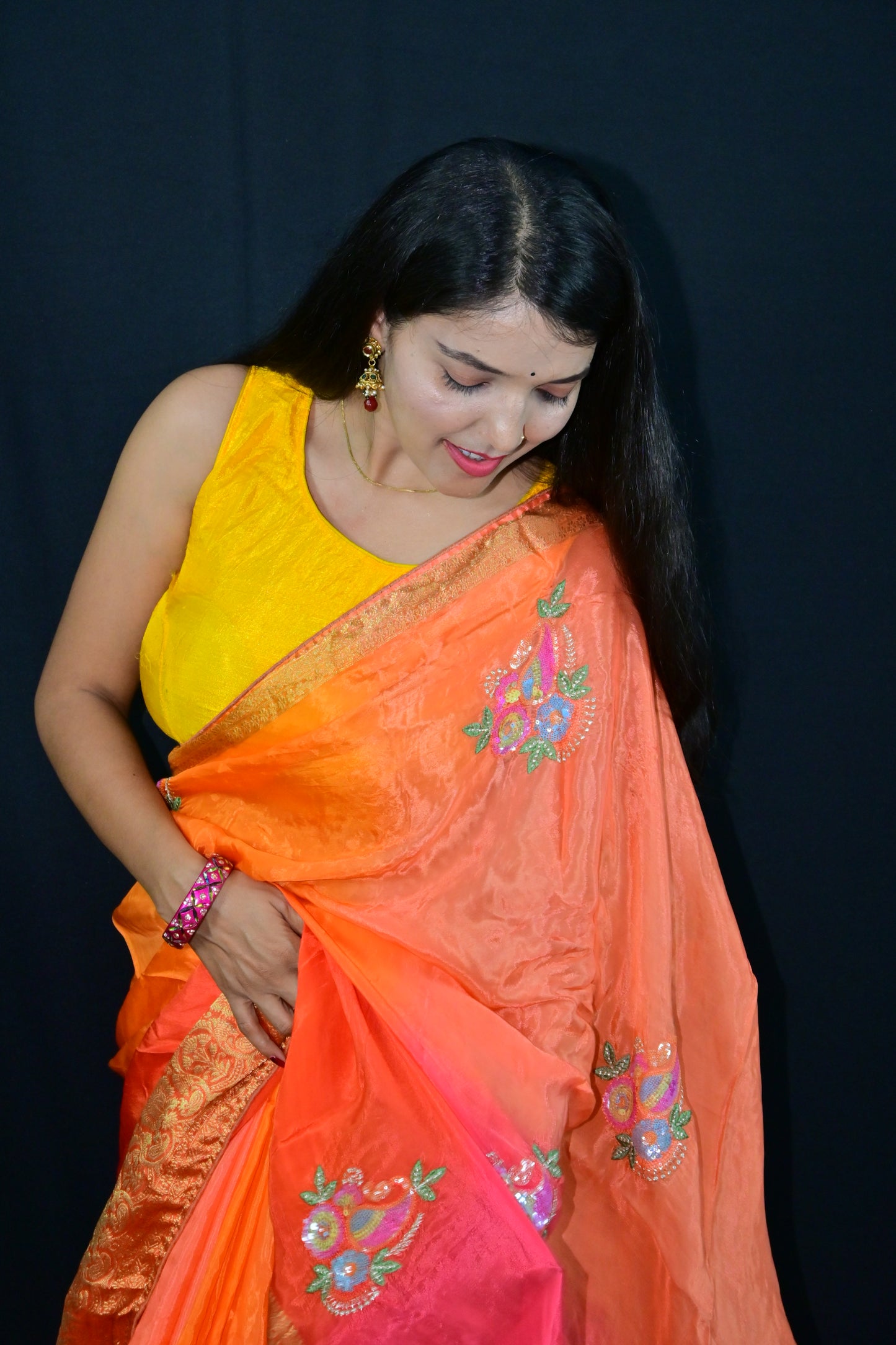Orange-Pink Embroidered Saree with Golden Zari