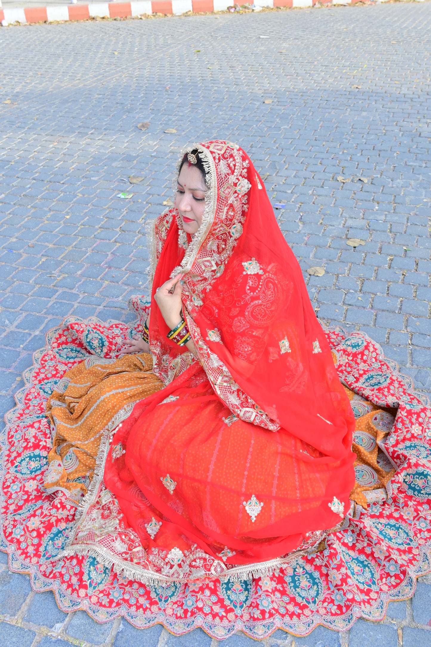 Red & Mustard Embroidered Rajasthani Lehenga Choli Set