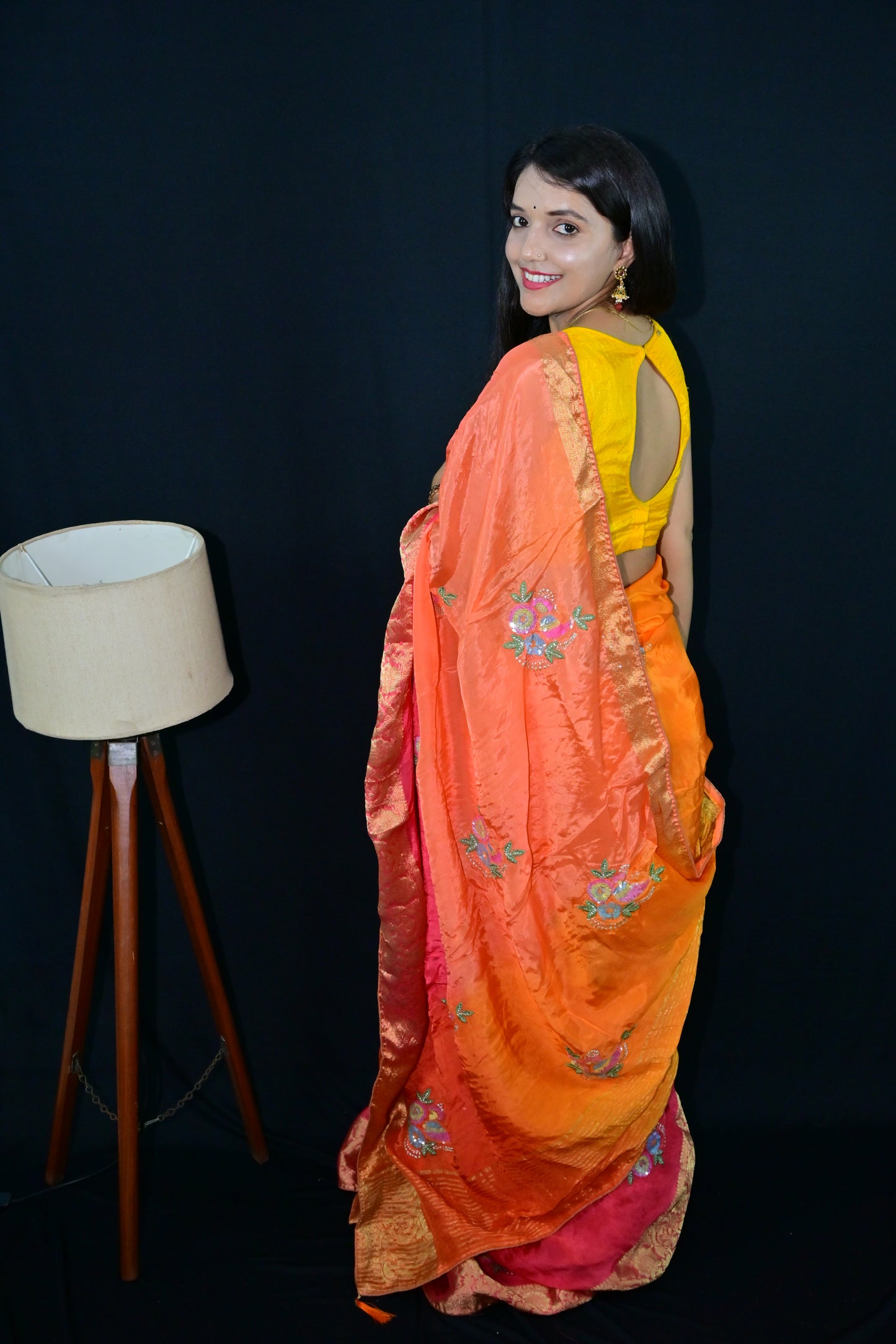 Orange-Pink Embroidered Saree with Golden Zari