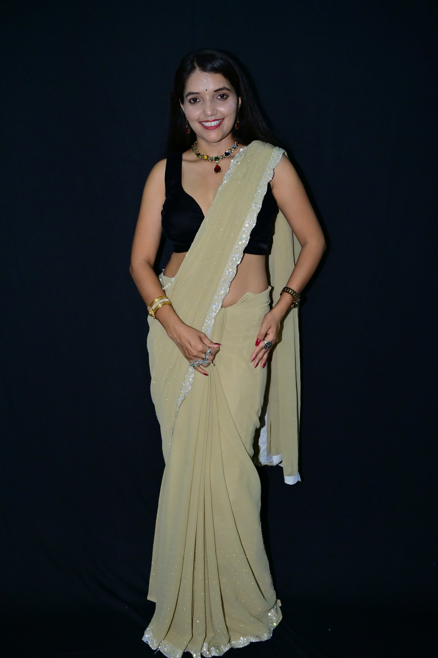 Lemon Yellow Saree with Silver Sequin Border