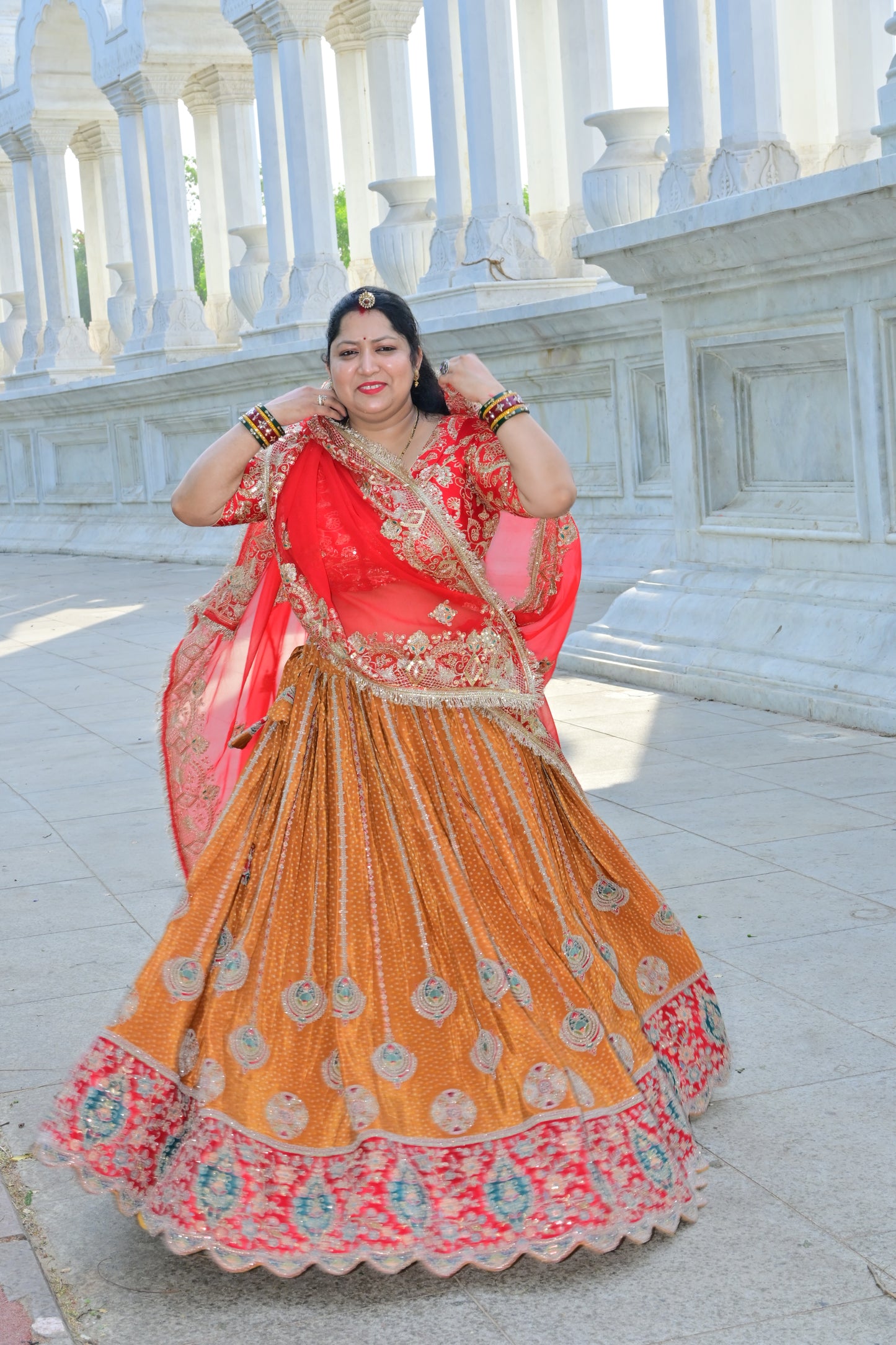 Red & Mustard Embroidered Rajasthani Lehenga Choli Set