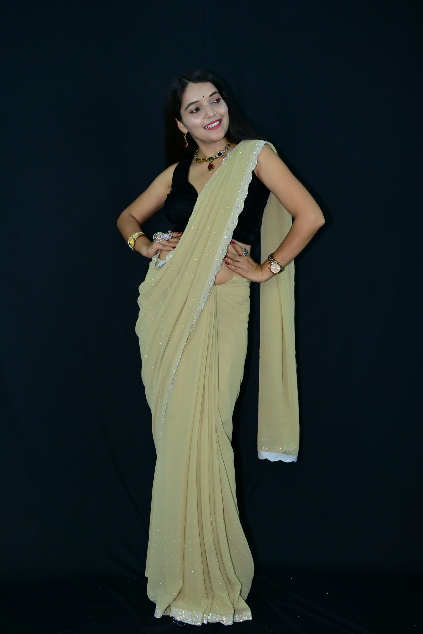 Lemon Yellow Saree with Silver Sequin Border