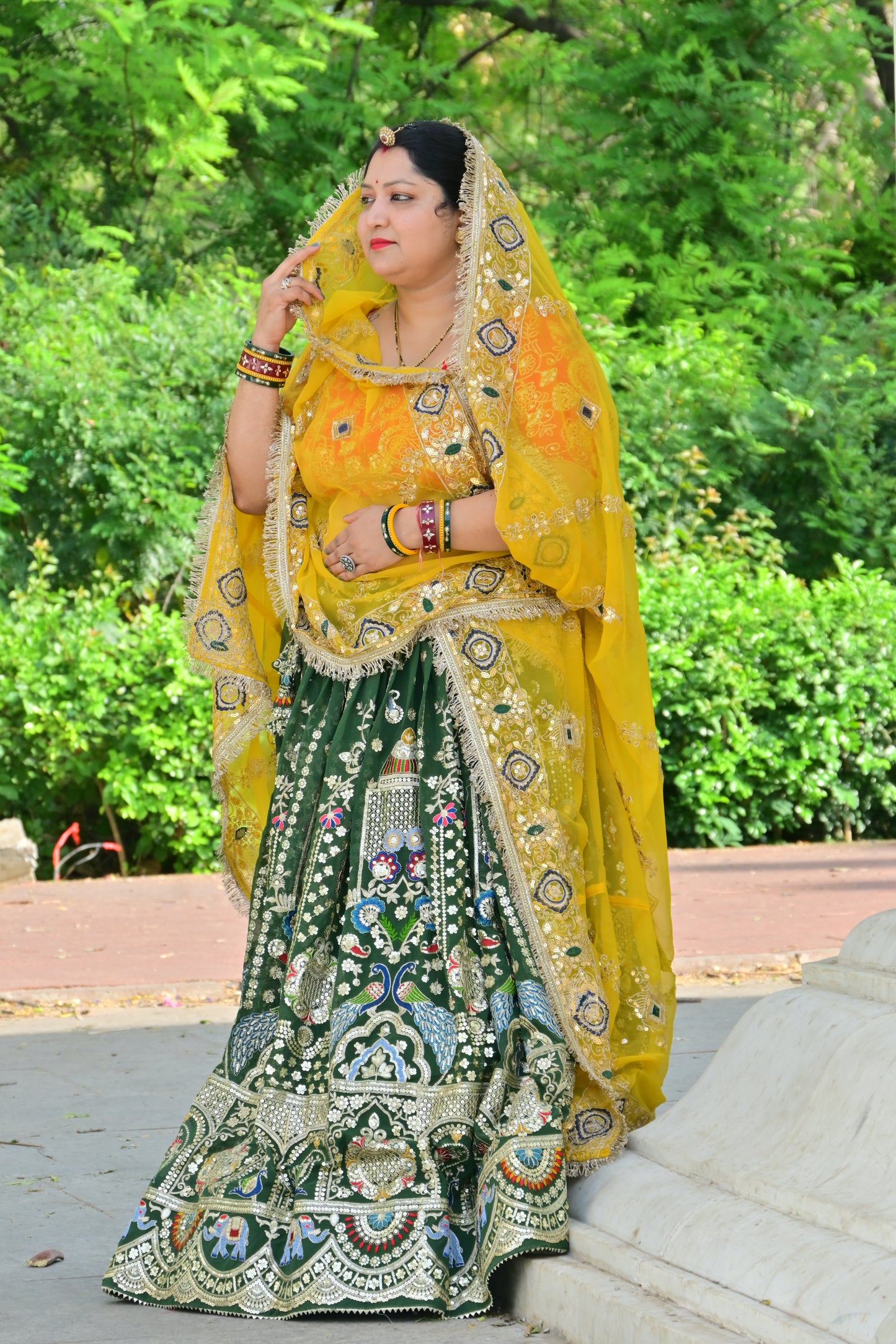 Peacock & Elephant Embroidered Green Lehenga with Yellow Gota Dupatta