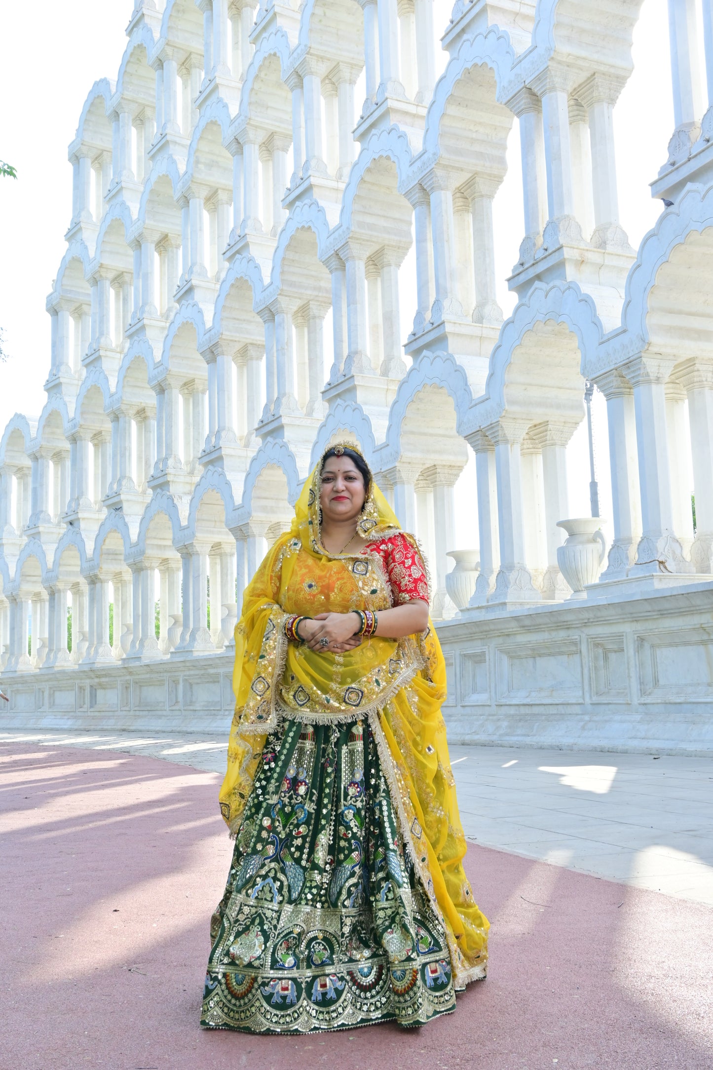 Peacock & Elephant Embroidered Green Lehenga with Yellow Gota Dupatta