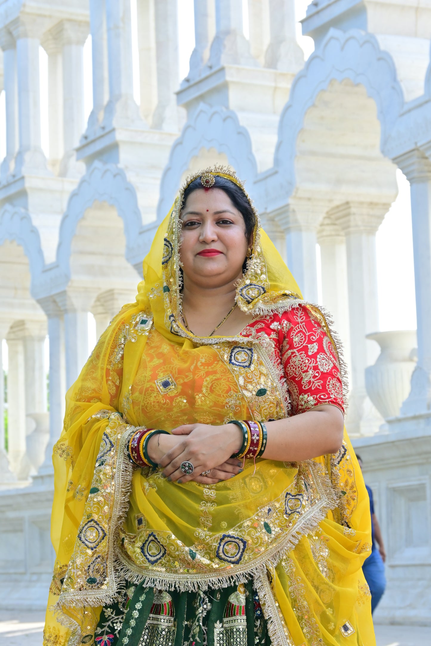 Peacock & Elephant Embroidered Green Lehenga with Yellow Gota Dupatta