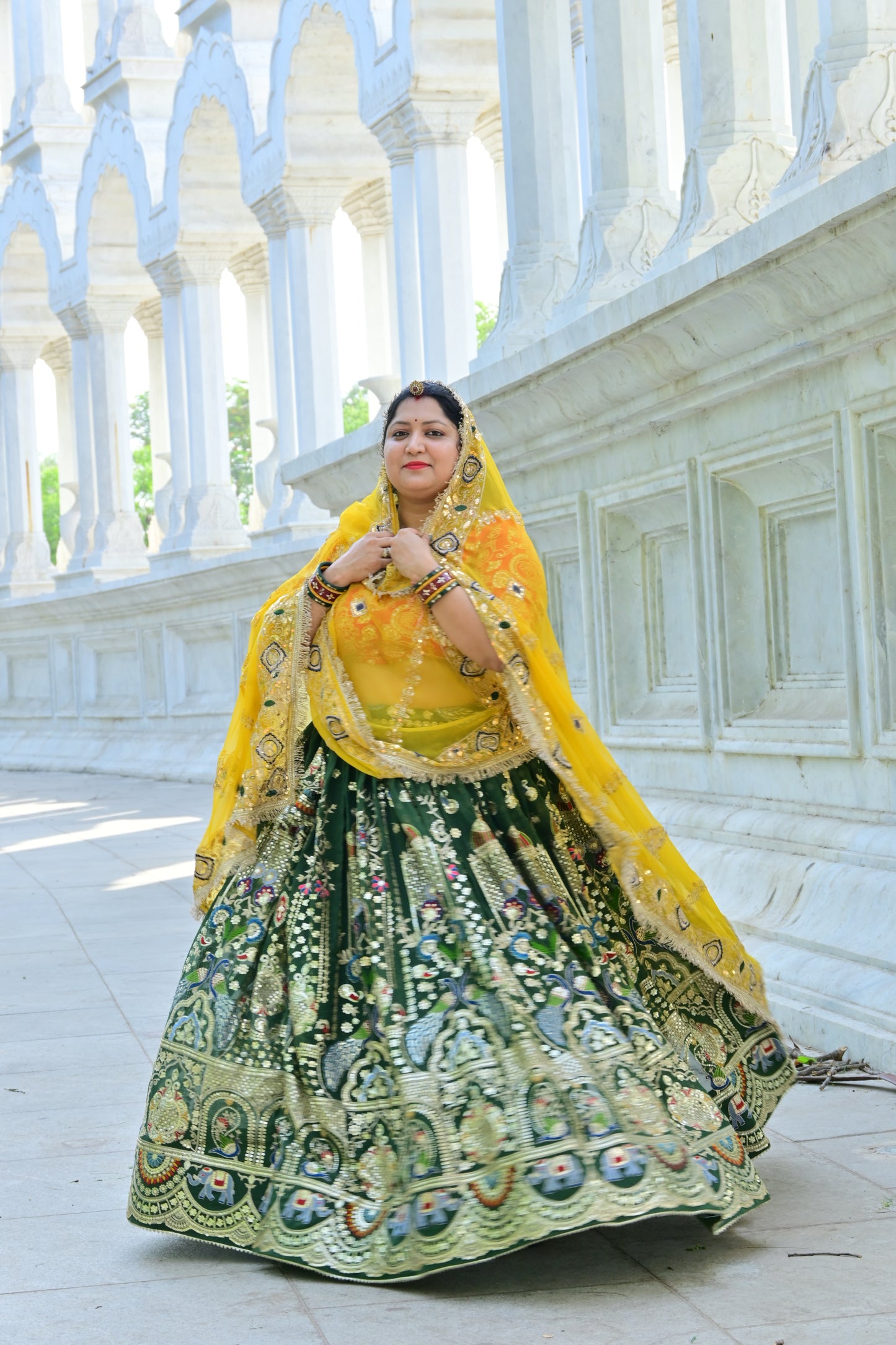 Peacock & Elephant Embroidered Green Lehenga with Yellow Gota Dupatta
