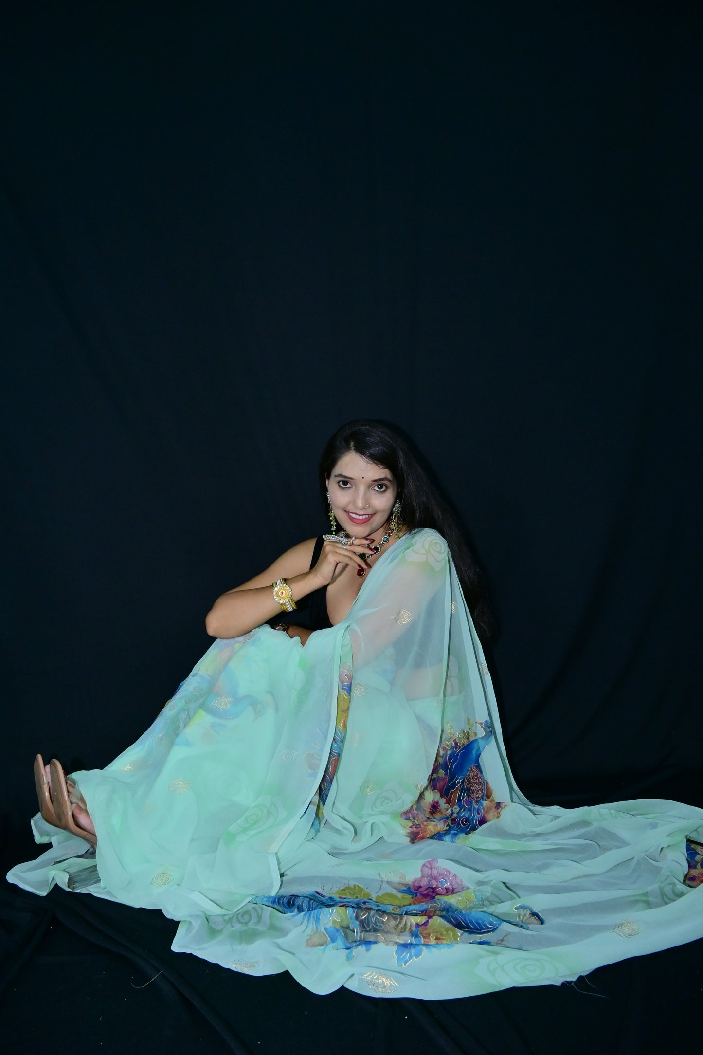 Peacock Print Mint Green Saree with Floral Motifs