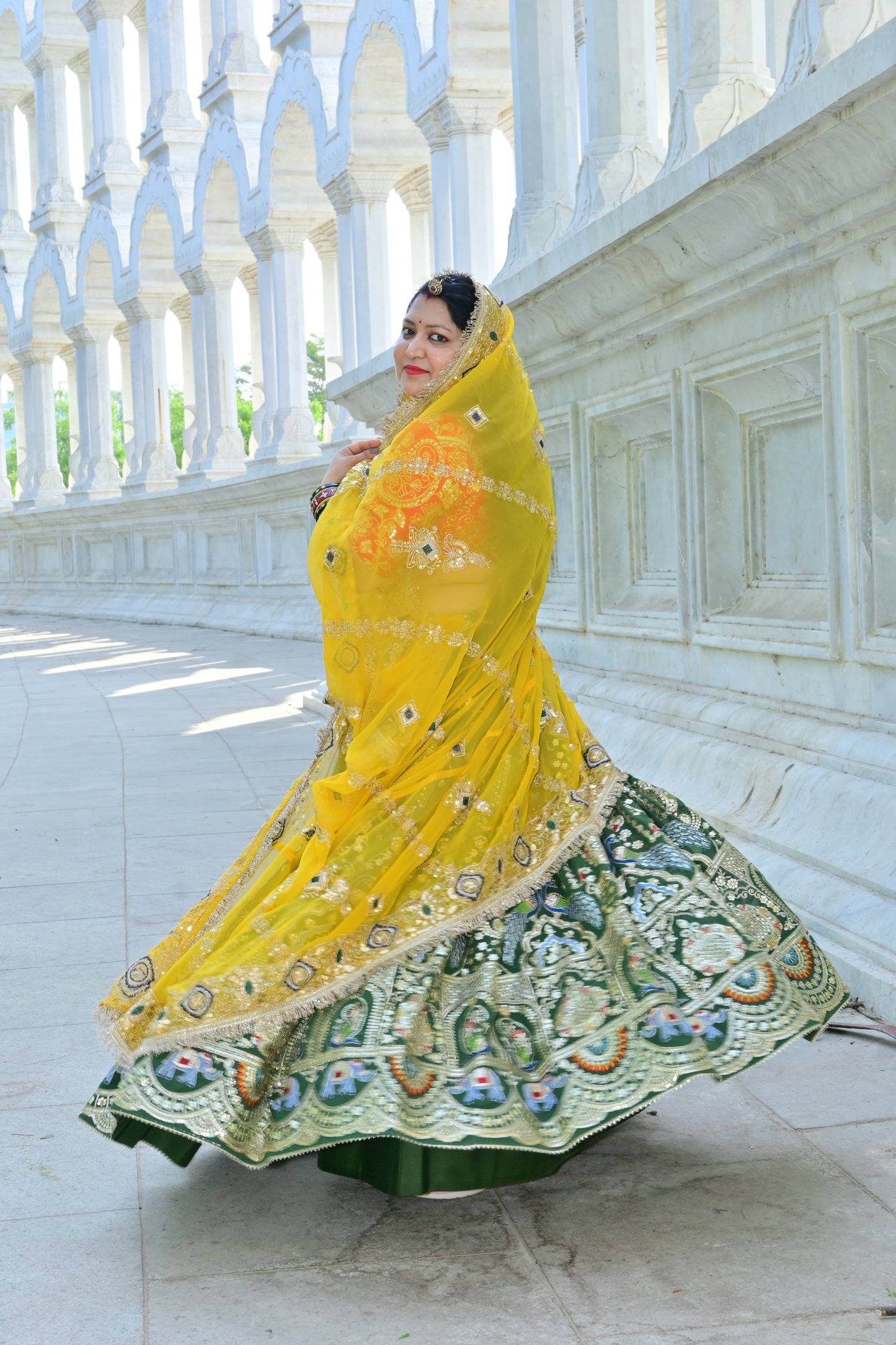 Peacock & Elephant Embroidered Green Lehenga with Yellow Gota Dupatta