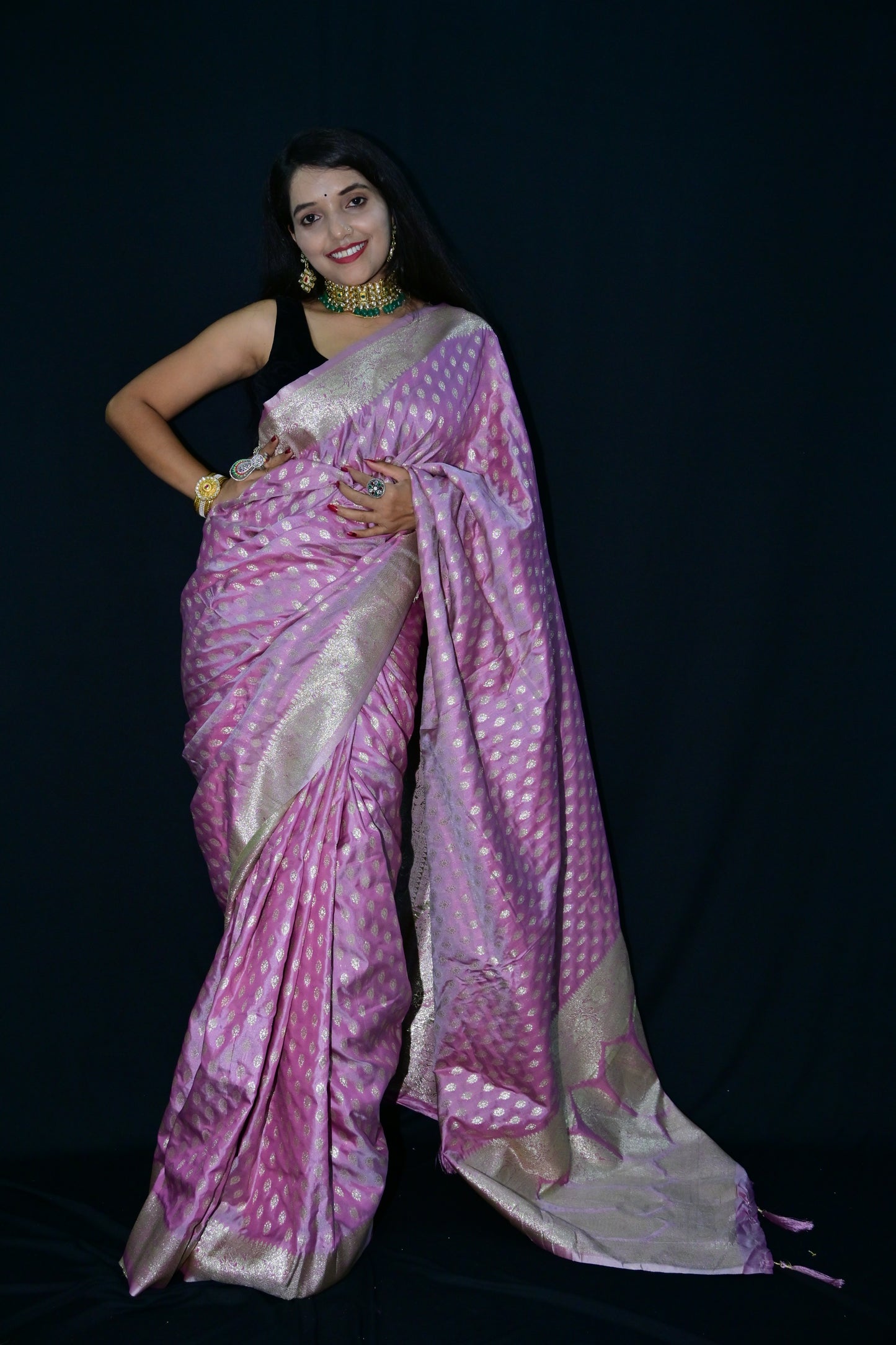 Pink Banarasi Silk Saree with Golden Zari Weaving