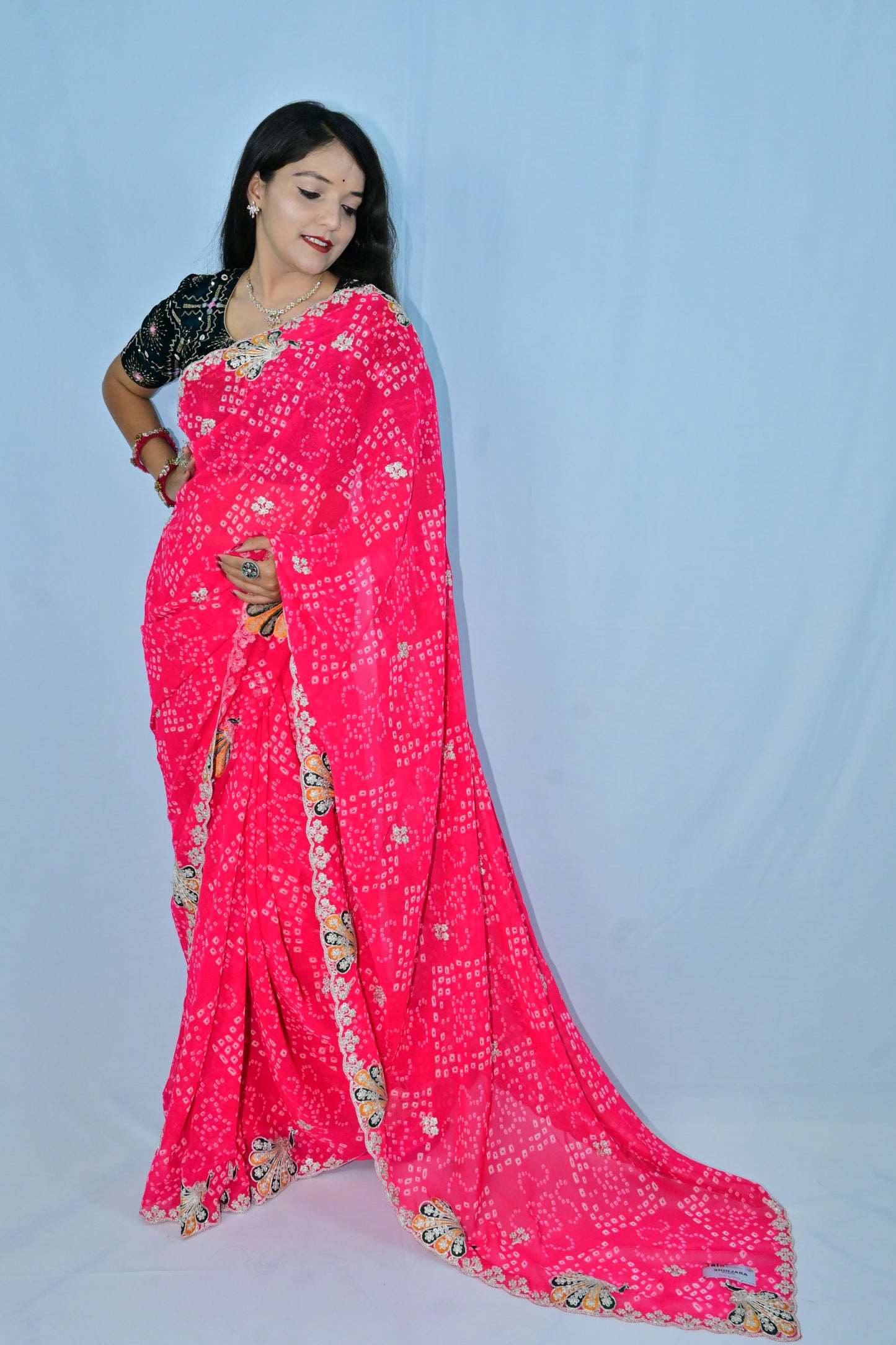 Rajasthani Bandhani Saree in Bright Pink with Gota Patti