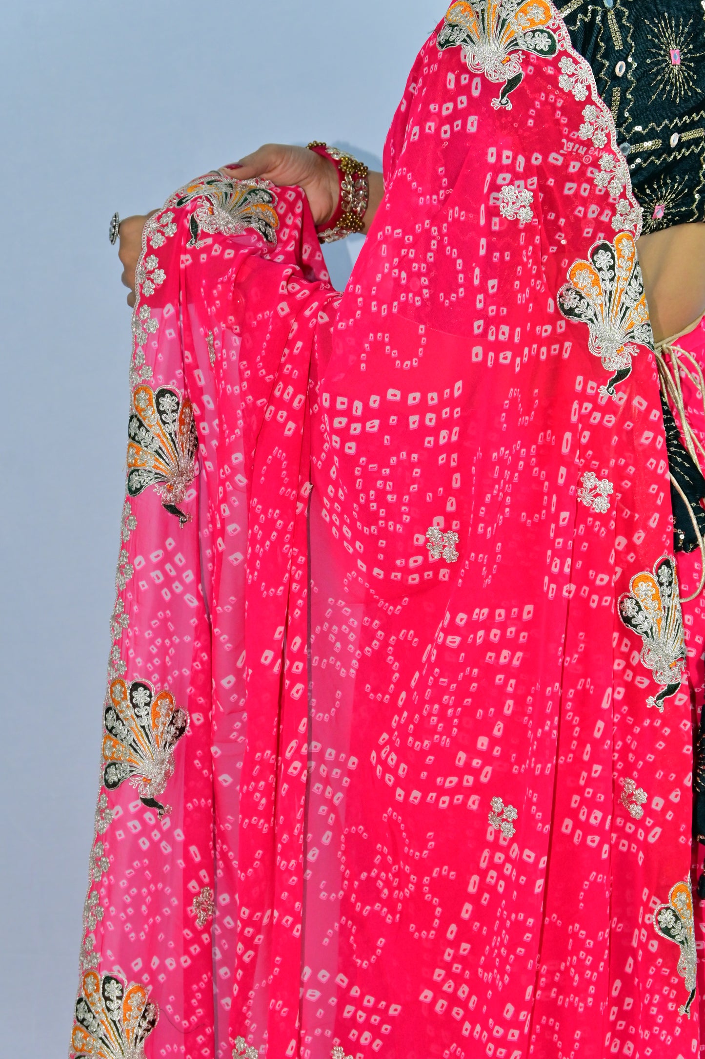 Rajasthani Bandhani Saree in Bright Pink with Gota Patti