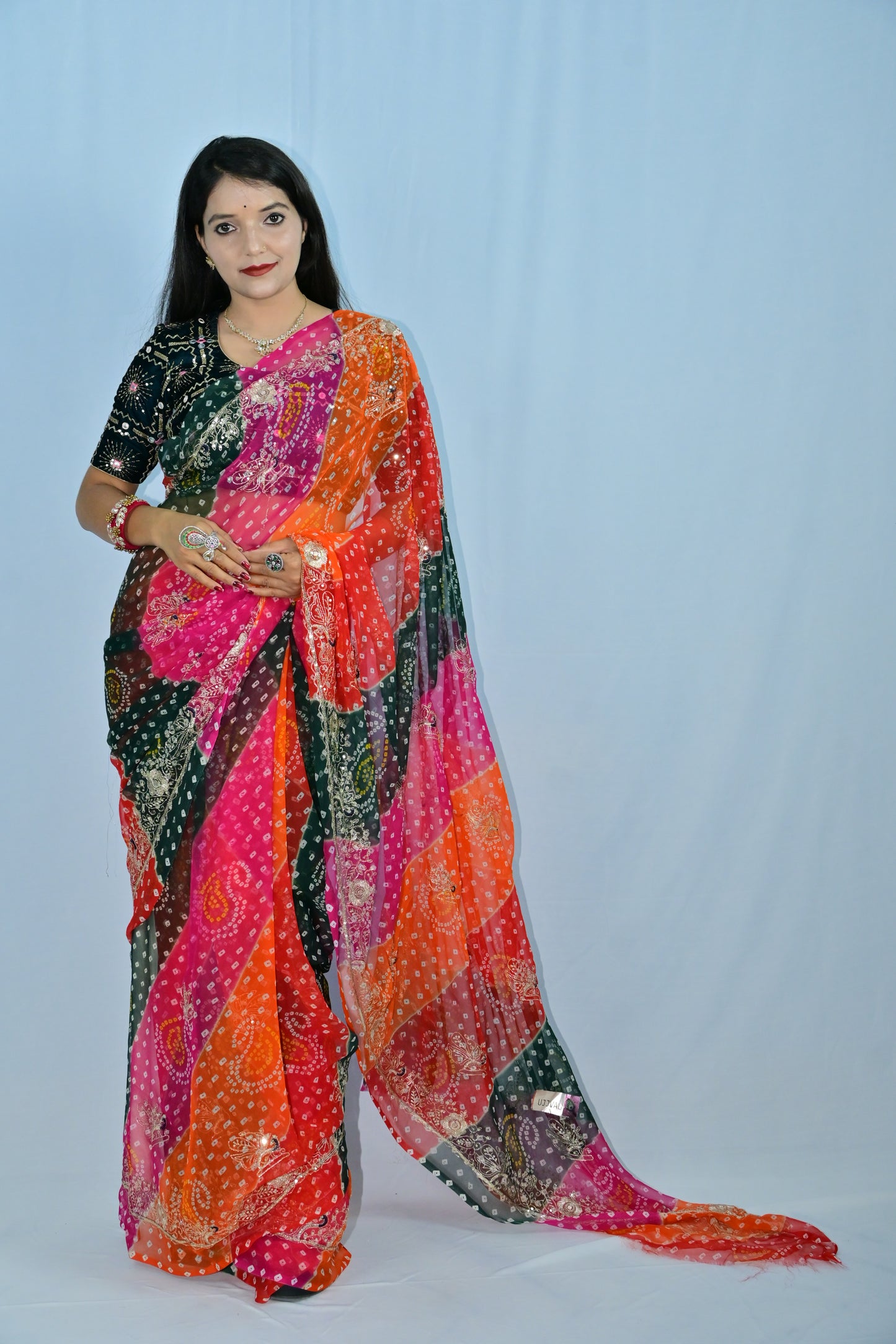 Multicolor Bandhej Saree with Traditional Print