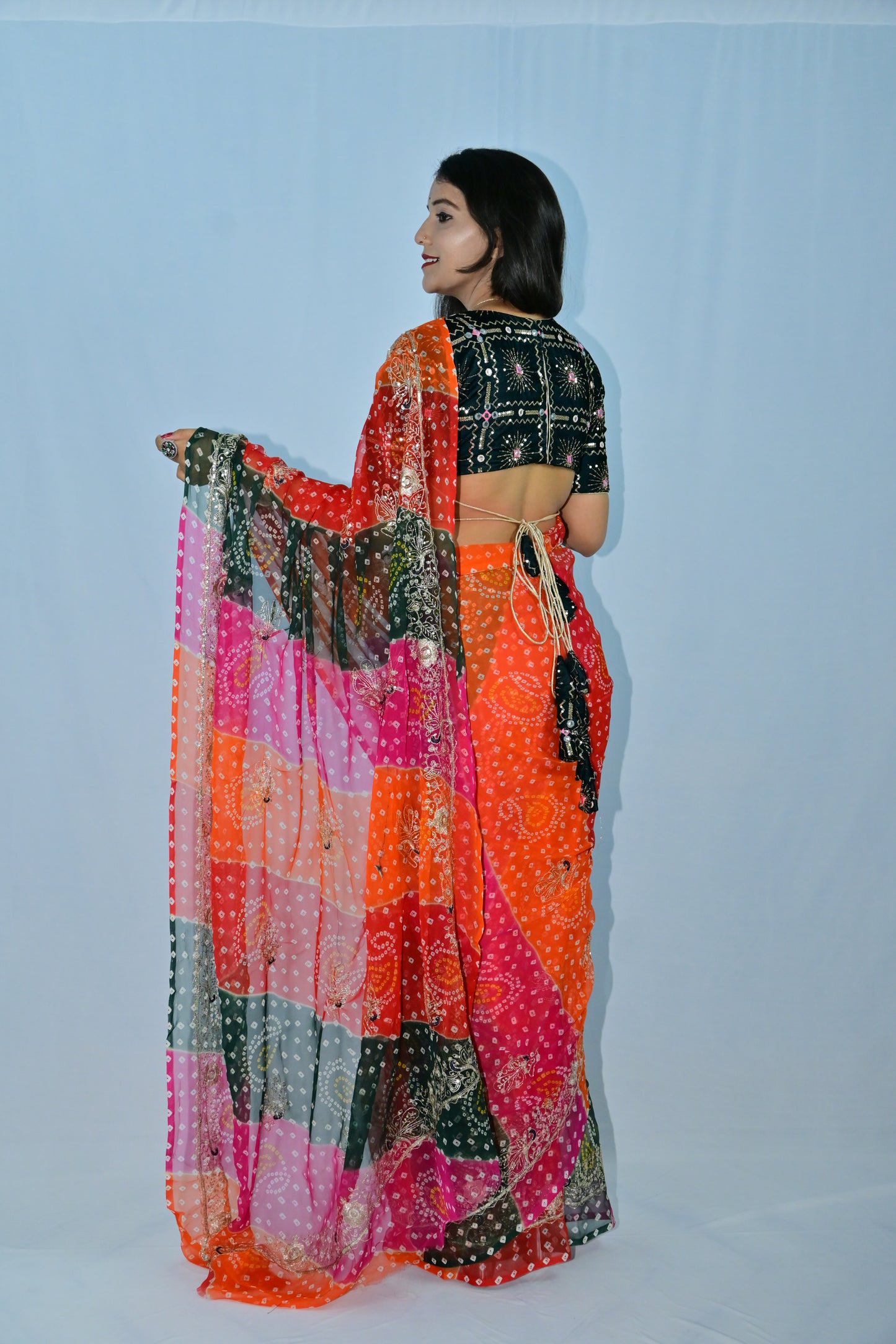 Multicolor Bandhej Saree with Traditional Print