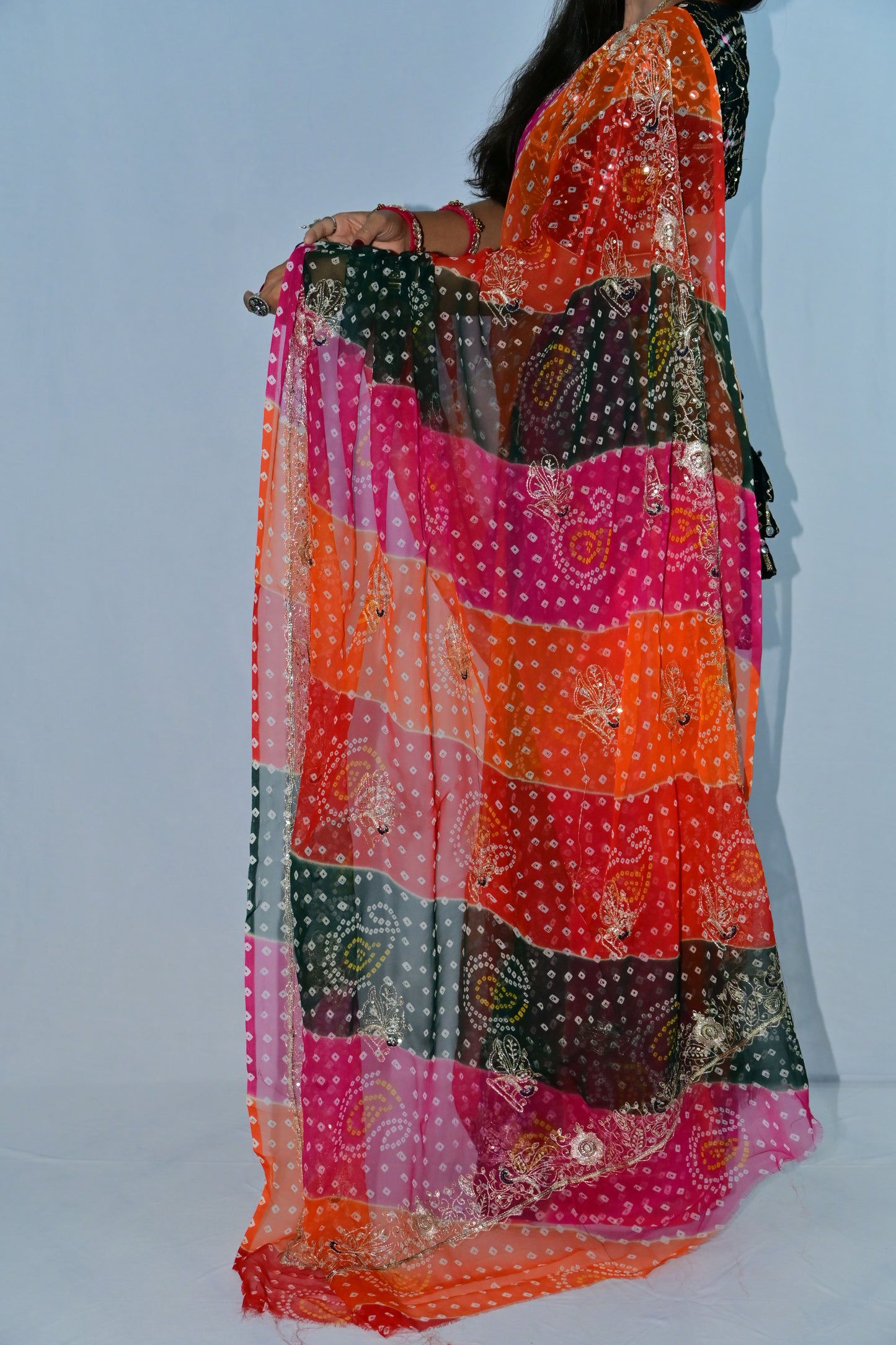 Multicolor Bandhej Saree with Traditional Print