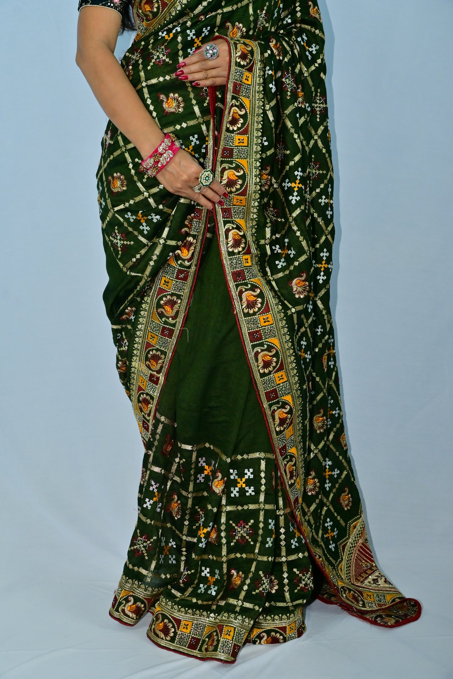 Green Traditional Rajasthani Embroidered Saree