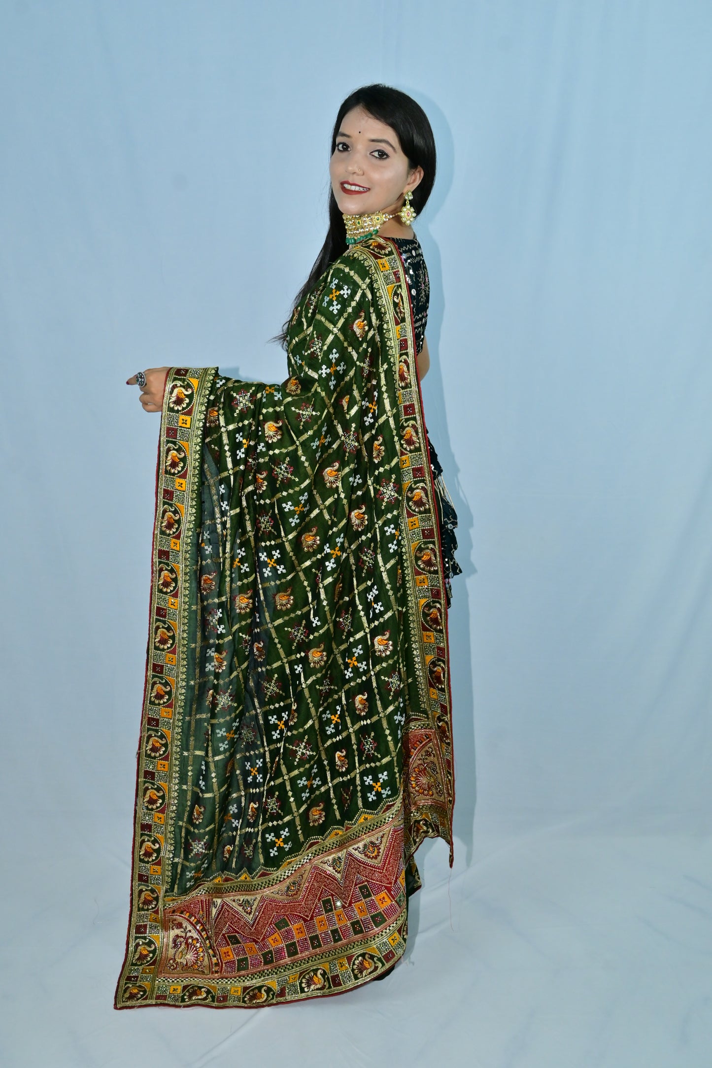 Green Traditional Rajasthani Embroidered Saree