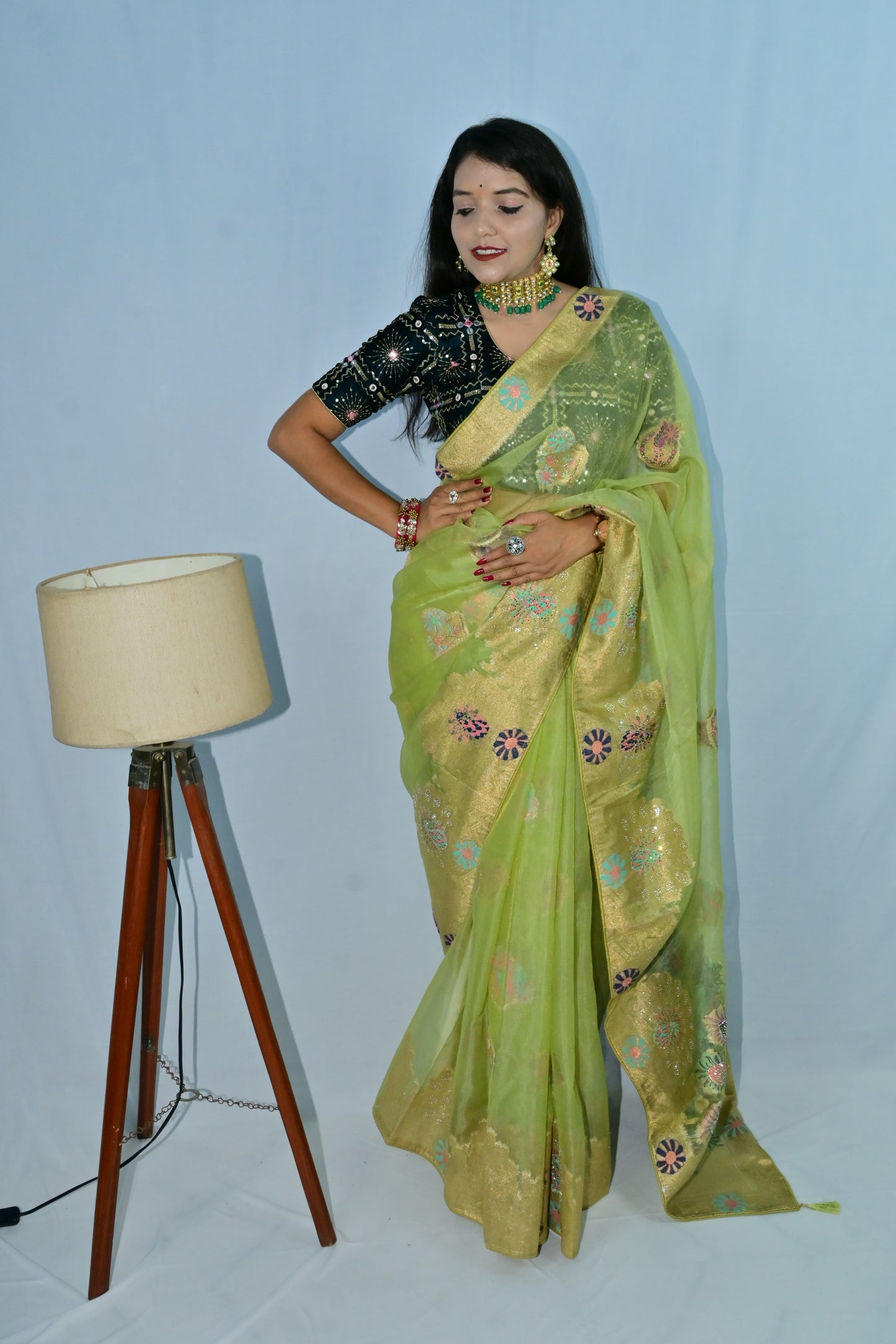 Designer Green Rajasthani Saree with Golden Floral Weave