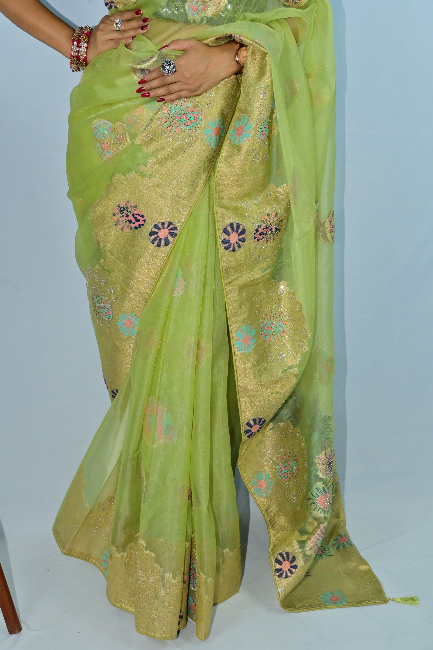 Designer Green Rajasthani Saree with Golden Floral Weave