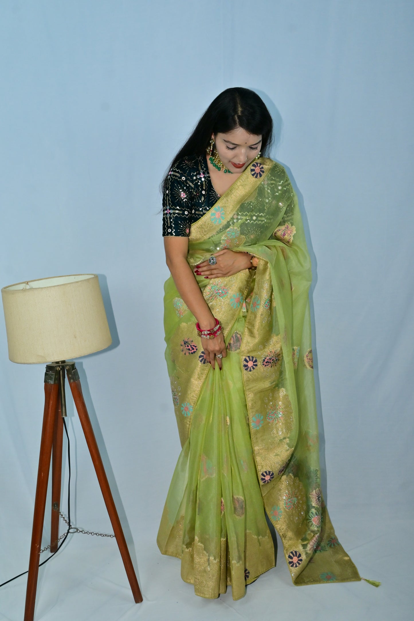 Designer Green Rajasthani Saree with Golden Floral Weave