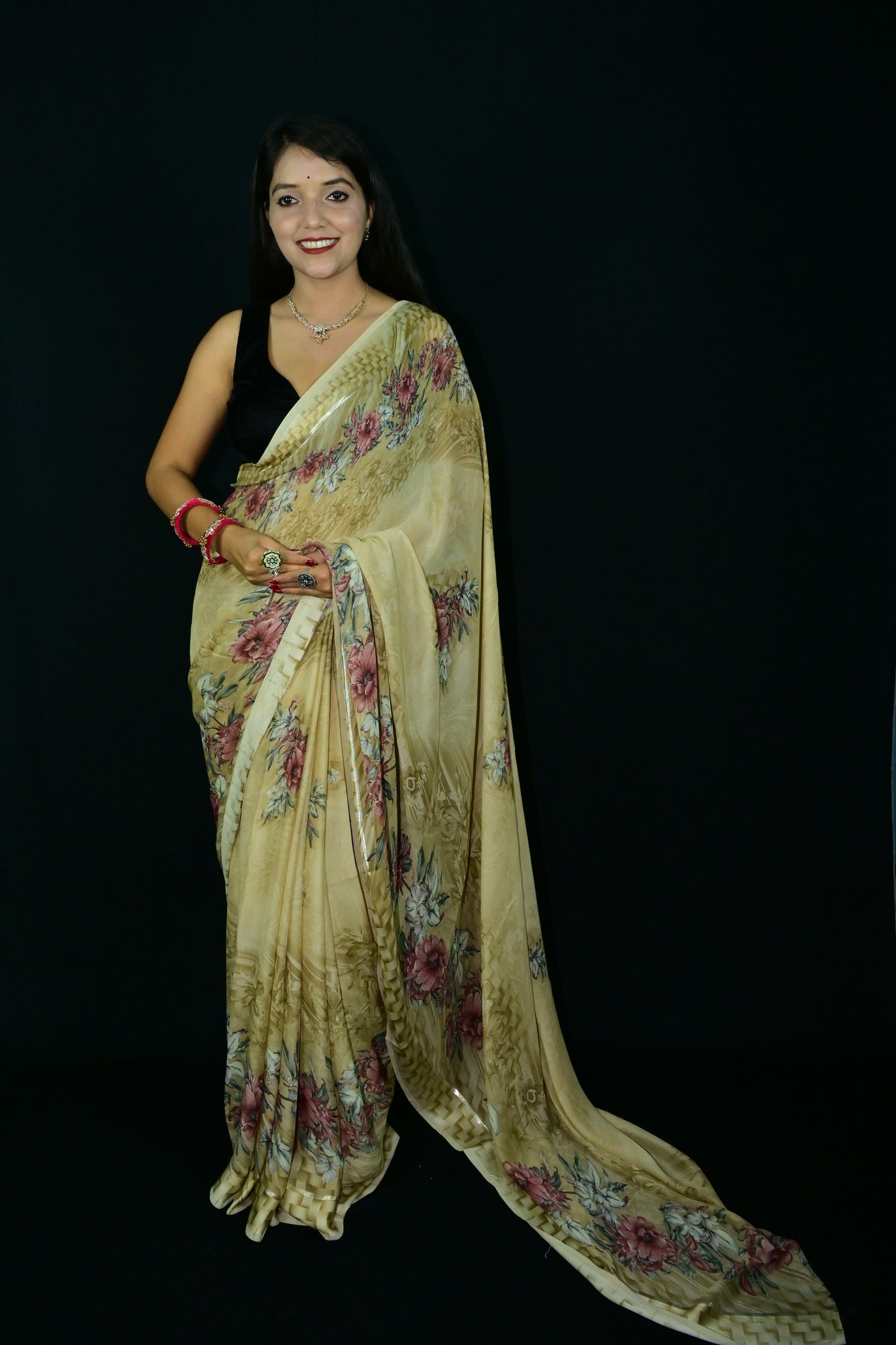 Beige Floral Printed Saree with Elegant Border Work