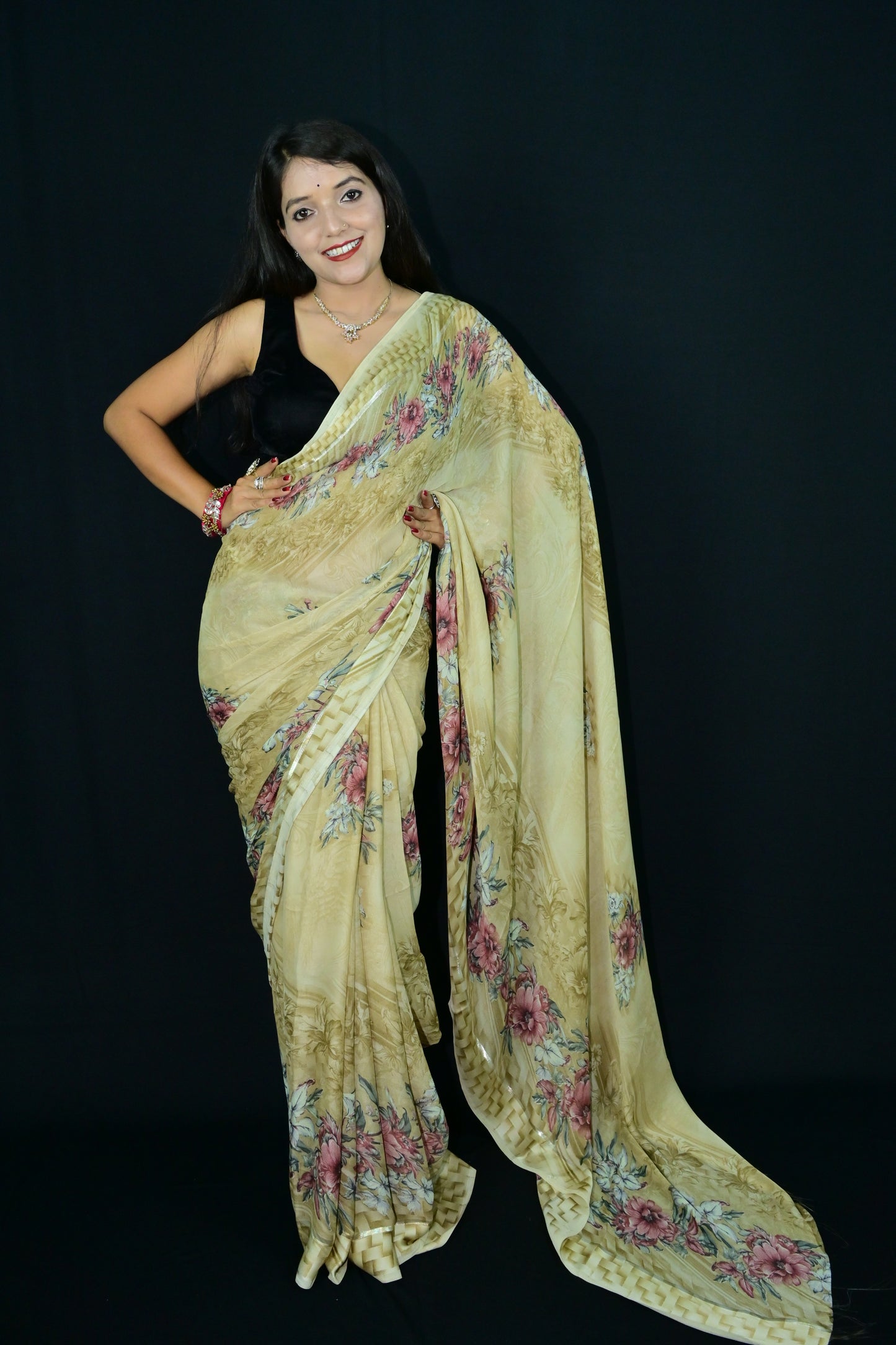 Beige Floral Printed Saree with Elegant Border Work