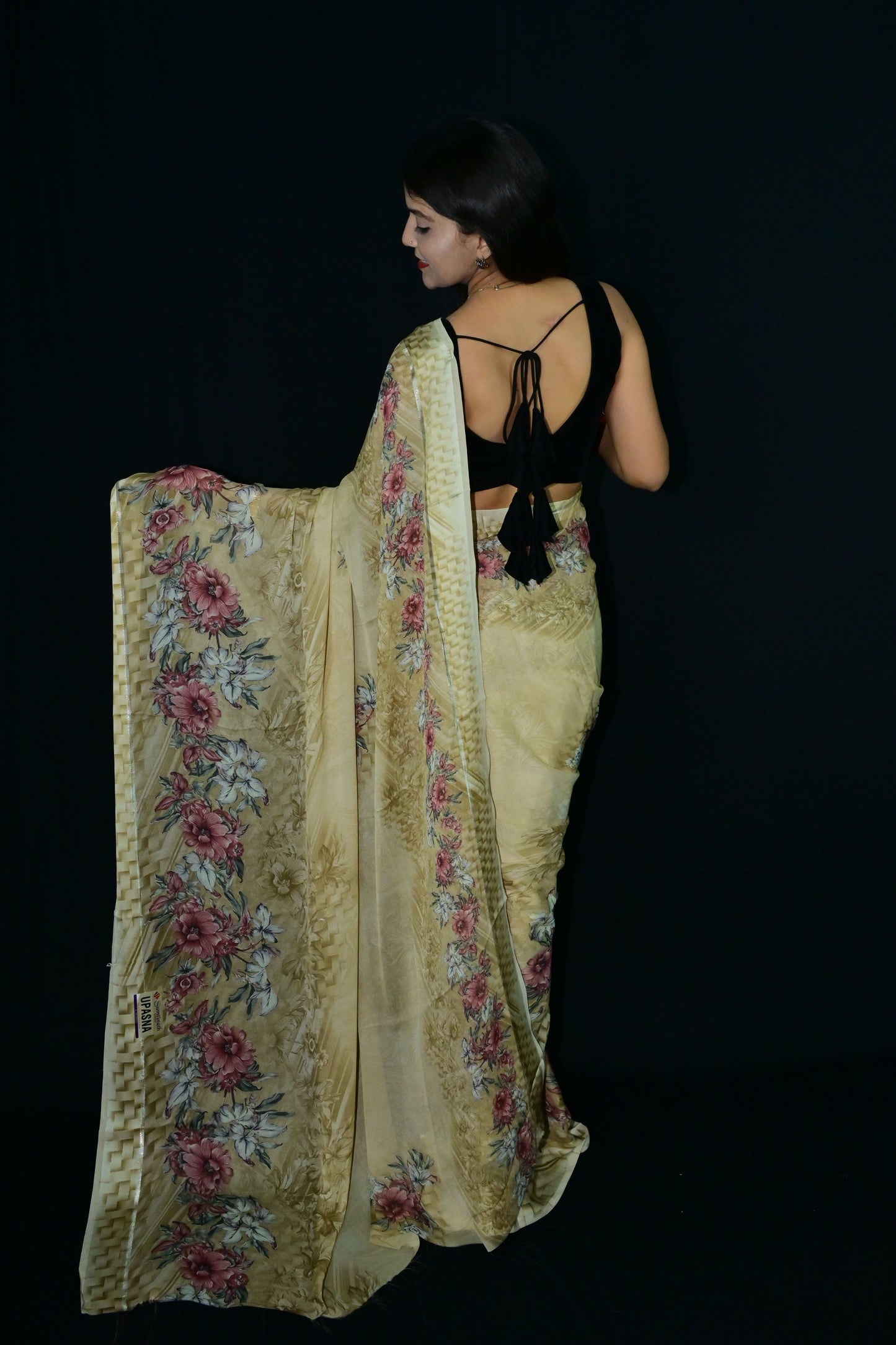 Beige Floral Printed Saree with Elegant Border Work