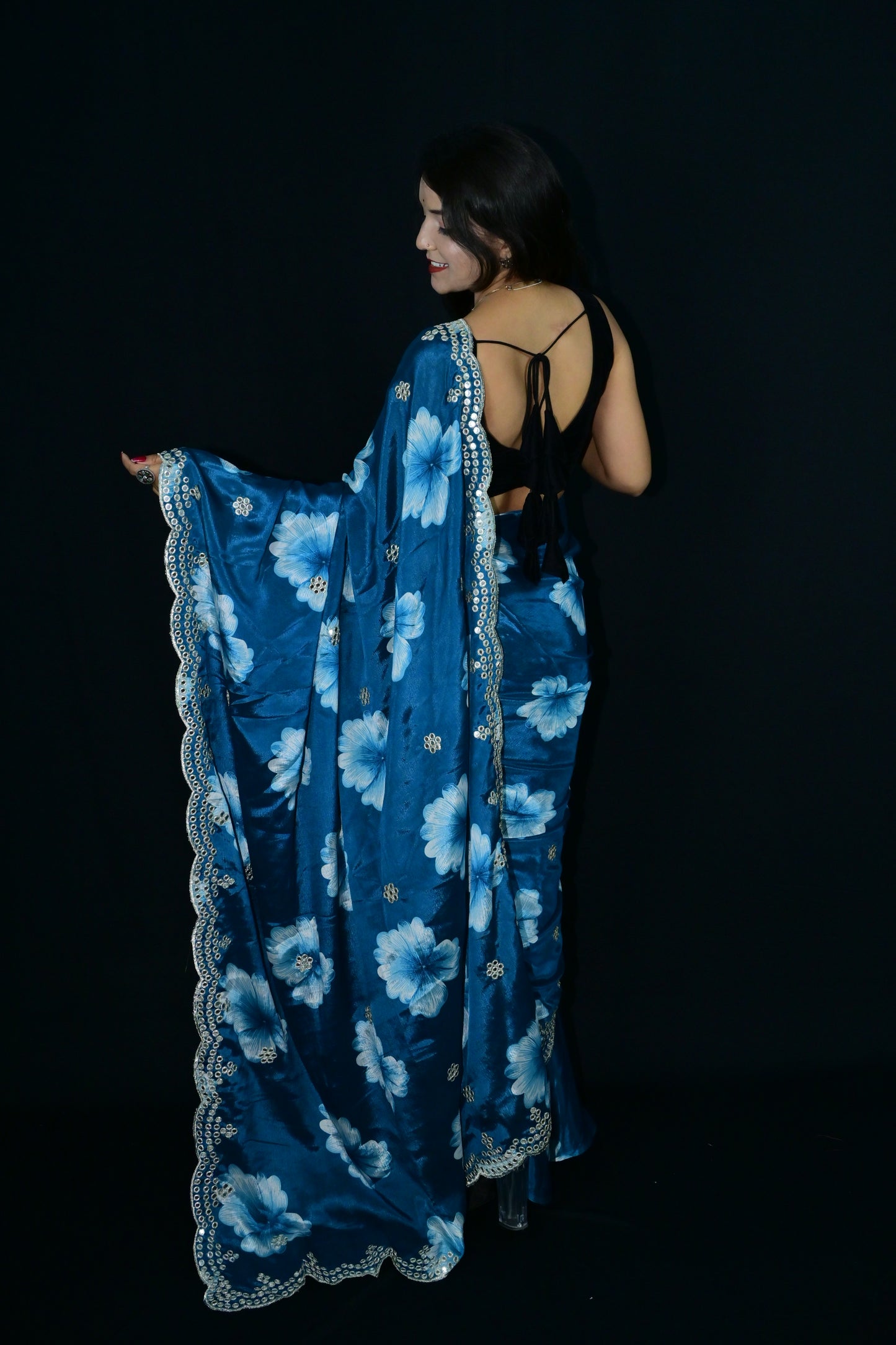 Blue Floral Saree with Mirror Sequin Border