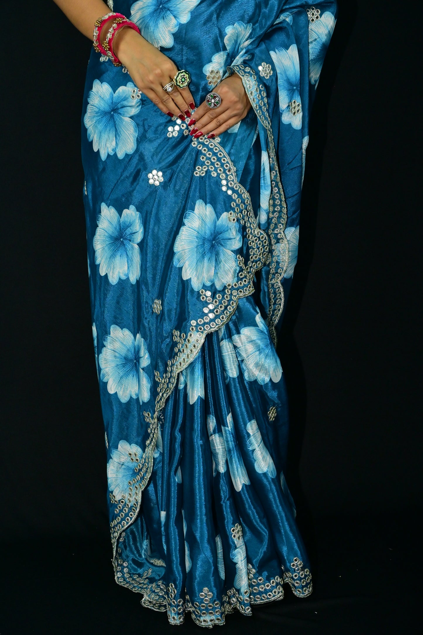 Blue Floral Saree with Mirror Sequin Border