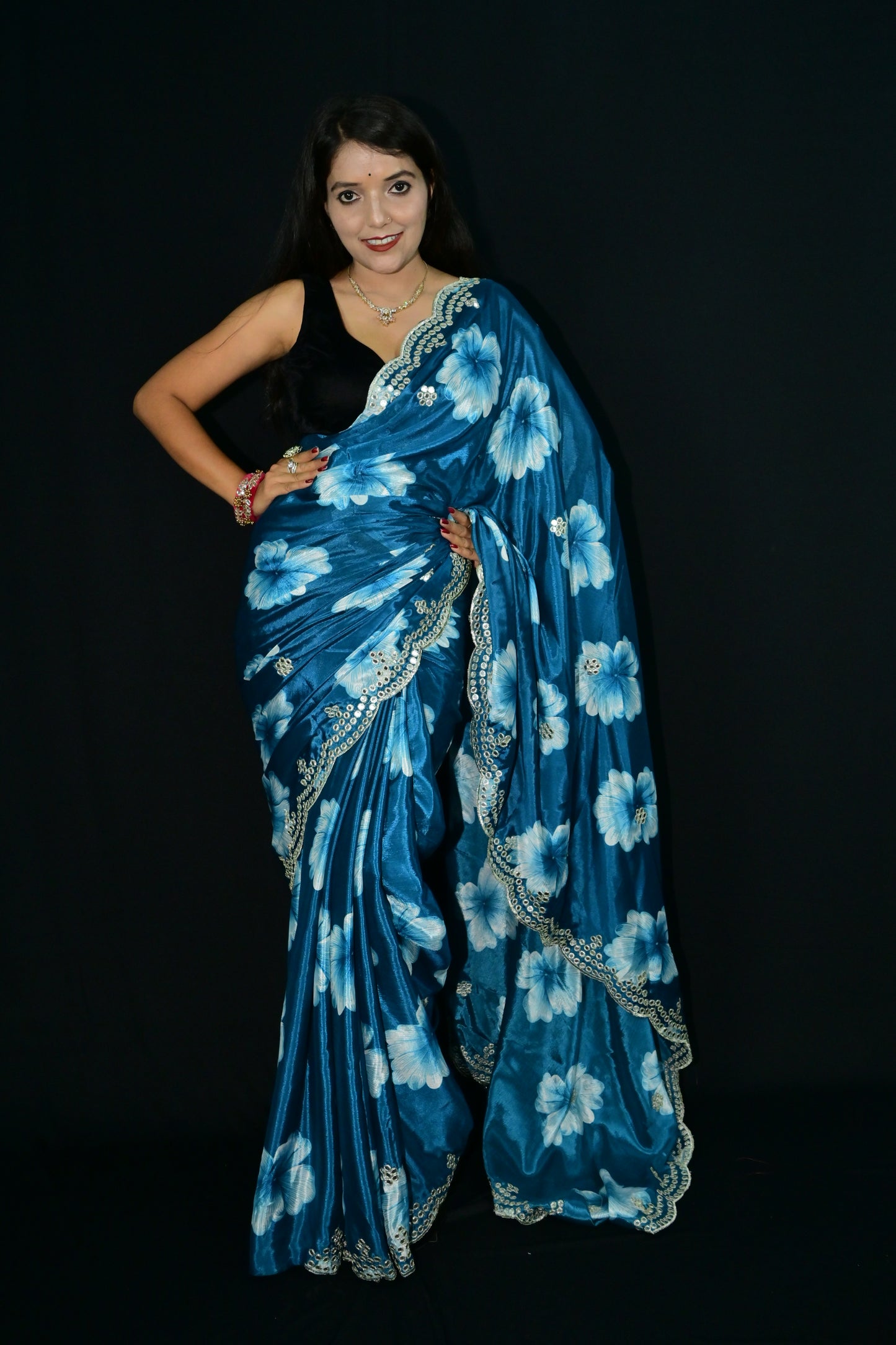 Blue Floral Saree with Mirror Sequin Border